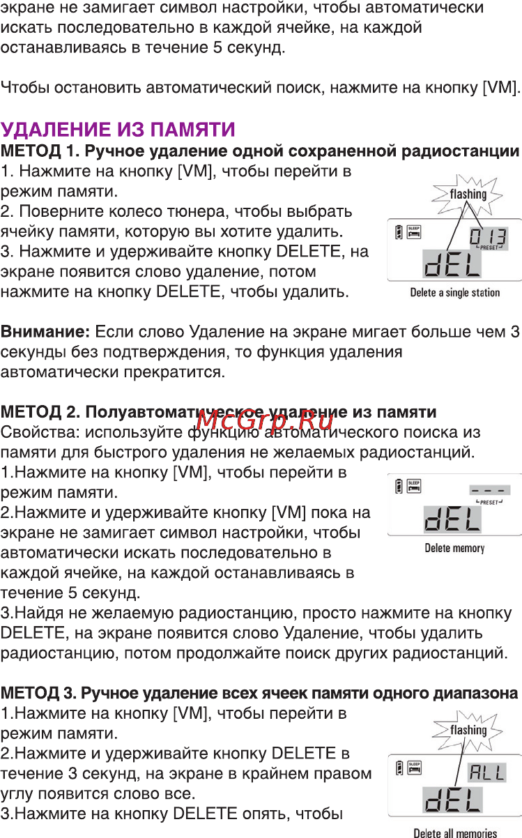 Ritmix RPR-7020 [10/22] Удаление из памяти