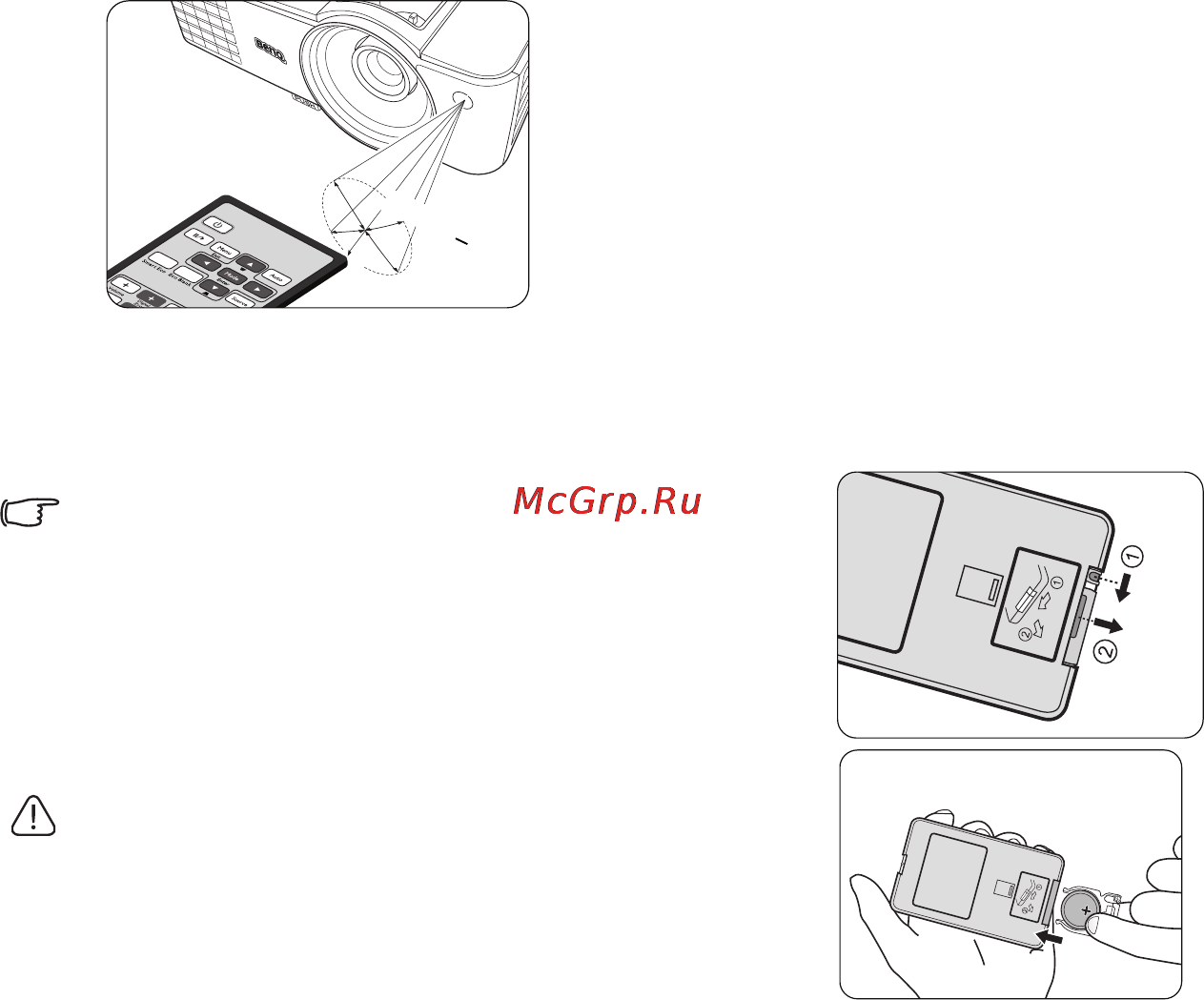 Benq MS502 [12/55] Вставьте новые батарейки в держатель при установке соблюдайте полярность положительный терминал должен смотреть наружу 3 вставьте держатель в пульт дистанционного управления