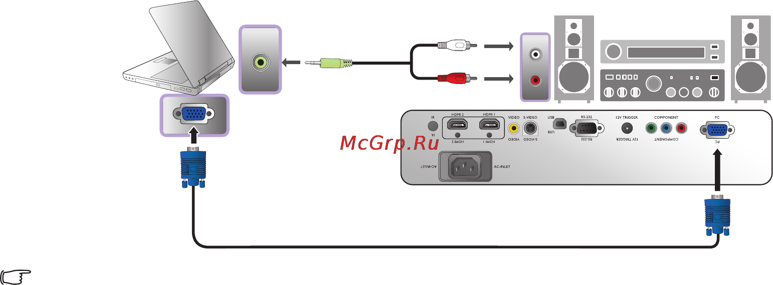 Benq W7000 [19/58] Подключите проектор к компьютеру при помощи кабеля vga