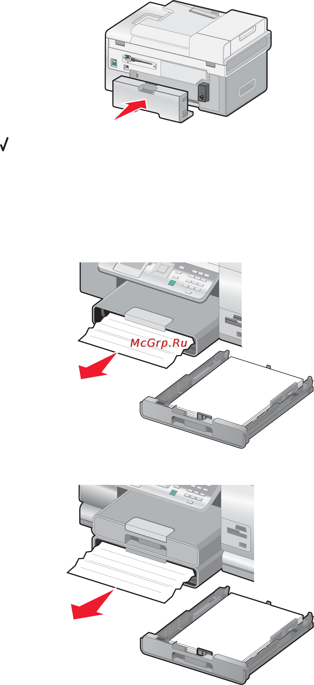 Lexmark X9350 [191/222] Застревание бумаги в лотке 1 или дополнительном лотке 2