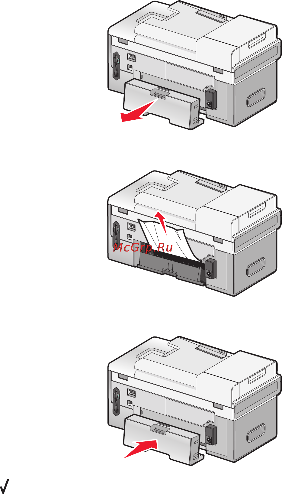 Lexmark X9575 [258/321] Застревание бумаги в лотке 1 или дополнительном лотке 2