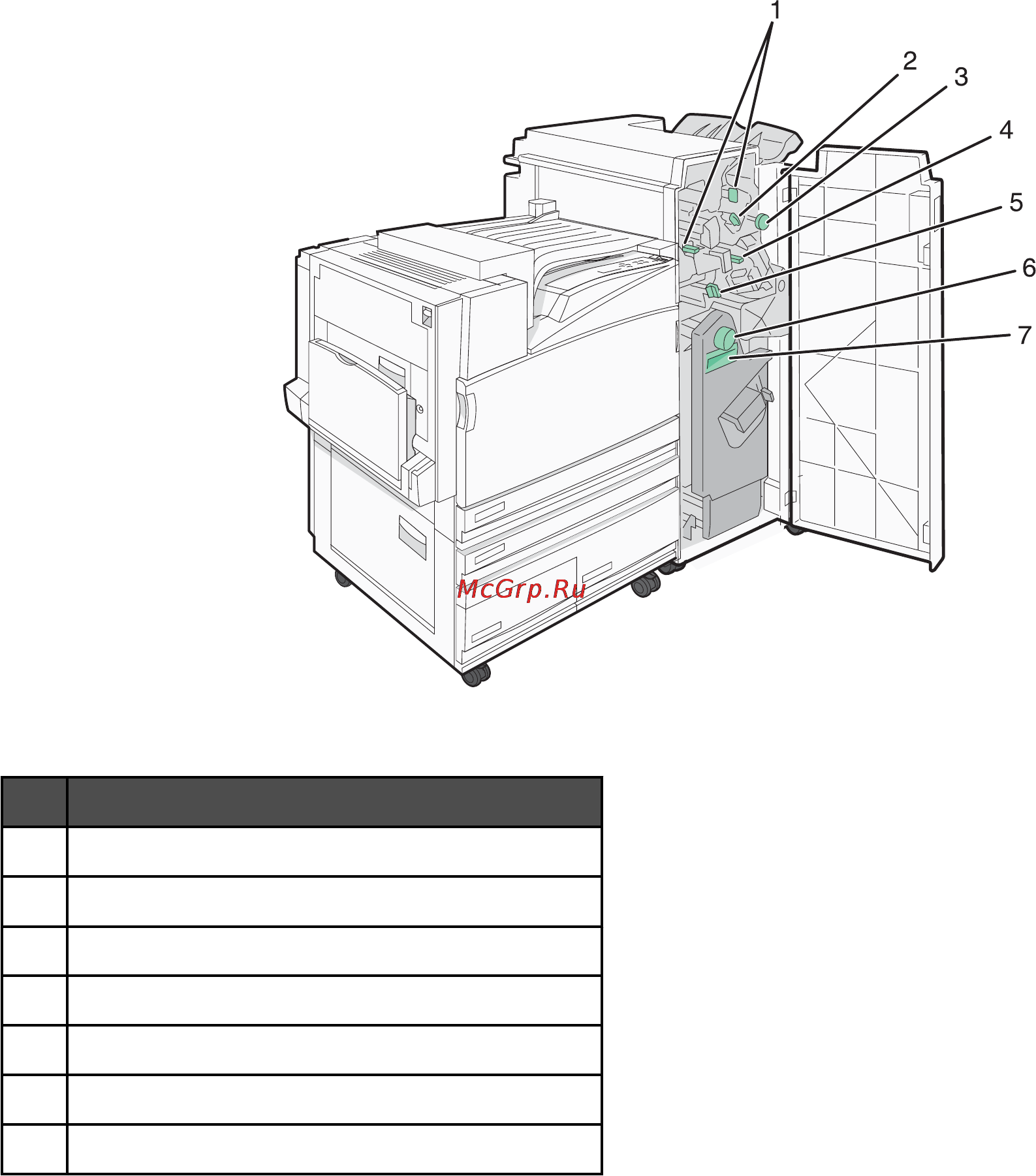 Lexmark C935 [68/197] Крышки ручки и рукоятки расположенные за дверцей g брошюровщика