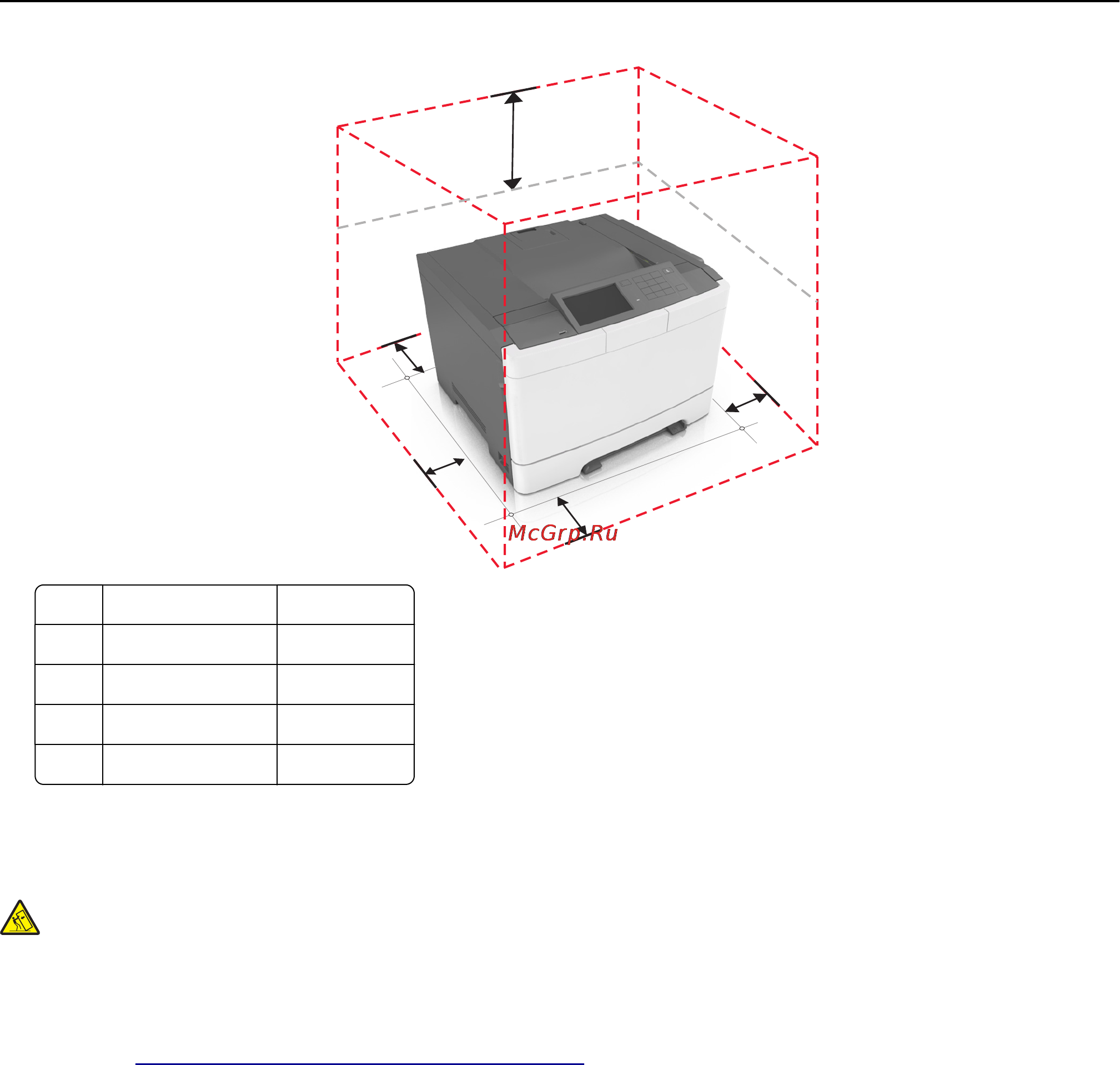 Lexmark CS510 [11/259] Внимание опасность опрокидывания конфигурации для напольной установки требуют установки дополнительных устройств для устойчивости при использовании нескольких дополнительных устройств подачи необходимо устанавливать принтер на подставку или основание если вы приобрели принтер с похожей конфигурации вам могут понадобиться дополнительные устройства дополнительные сведения см на веб сайте по адресу www lexmark com multifunctionprinters
