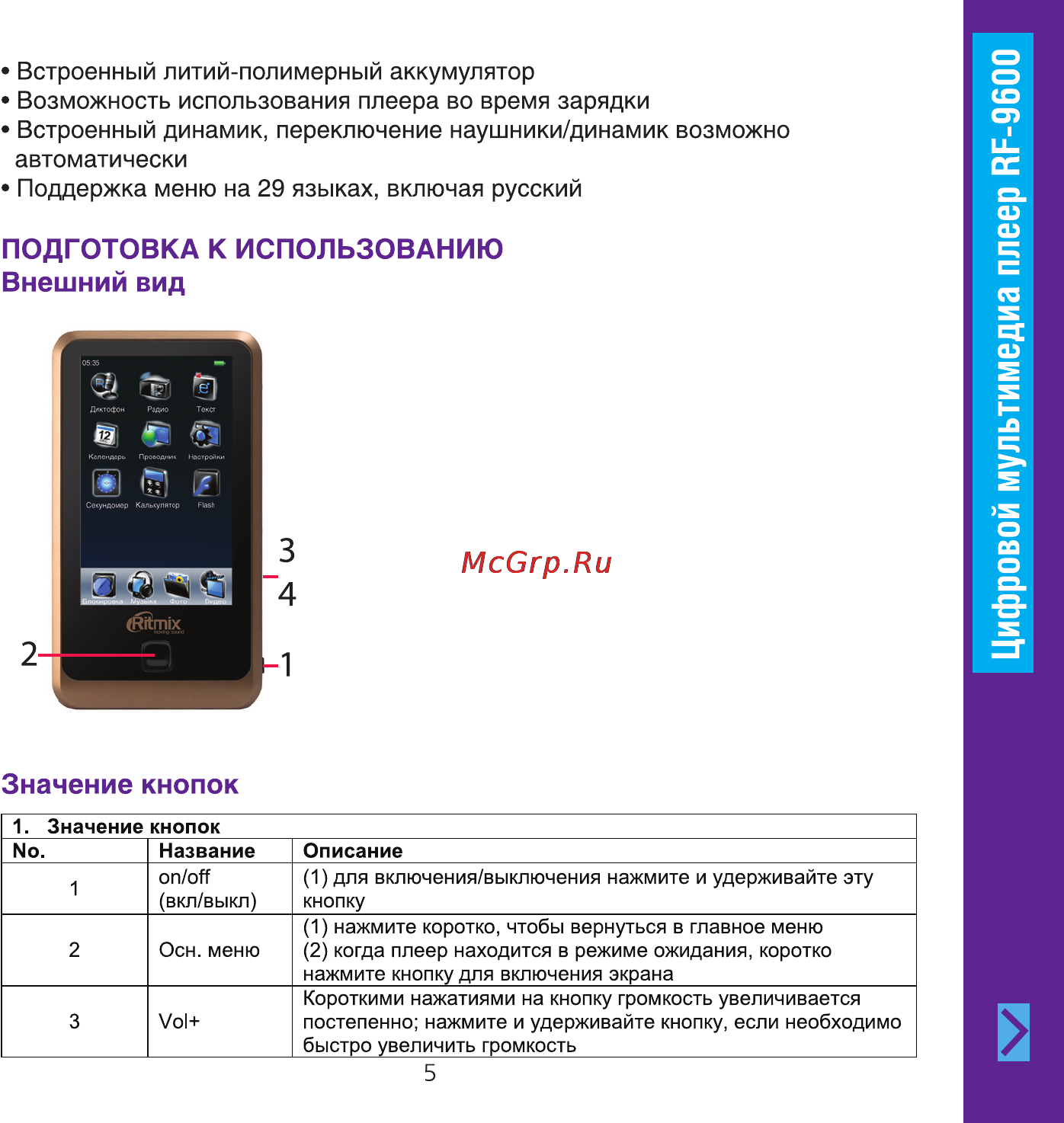Ritmix RF-9600 8Gb Brown Инструкция по эксплуатации онлайн [5/32] 57583