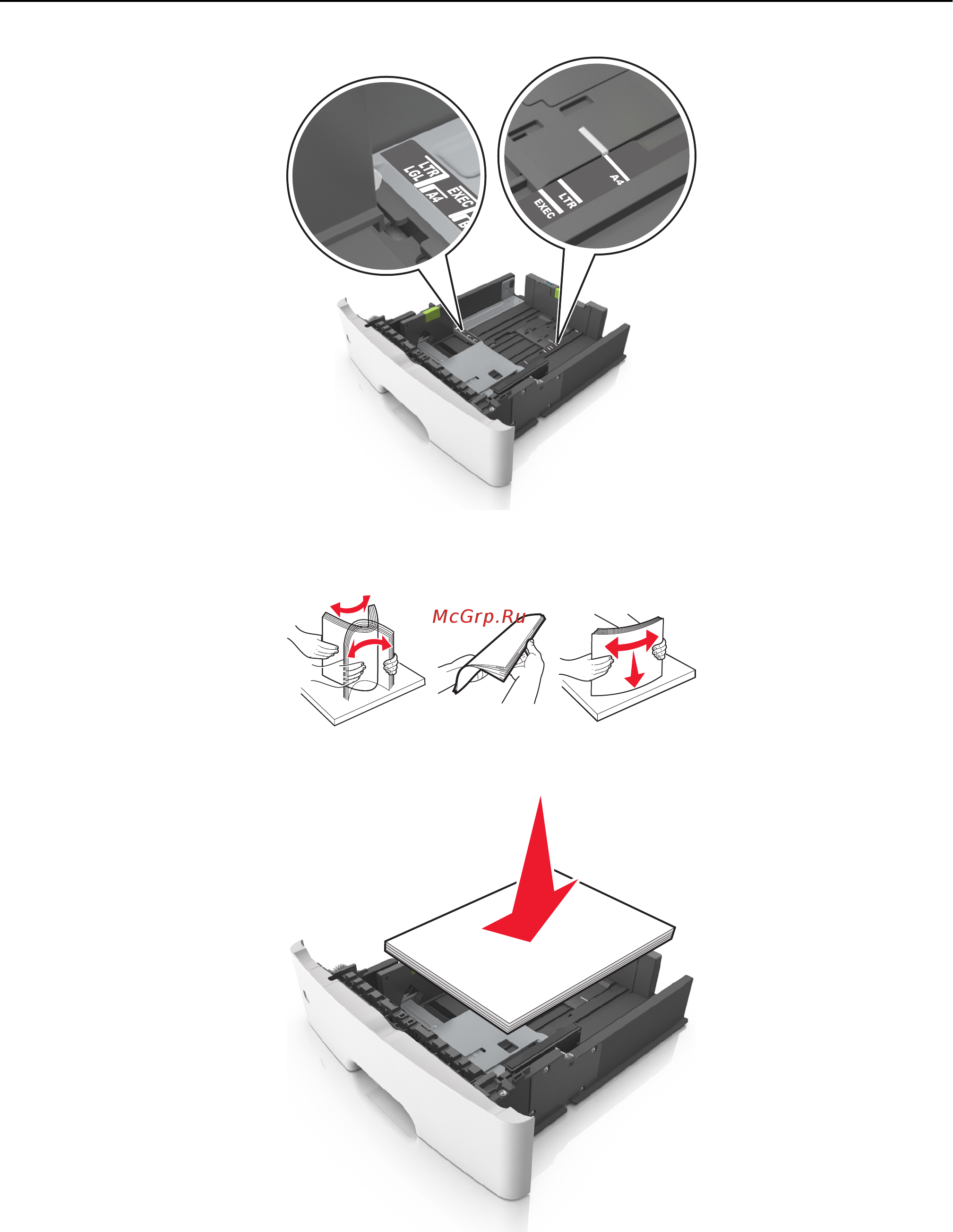 Lexmark M1140 [49/282] Загружайте бумагу из вторсырья или печатные бланки стороной для печати вниз