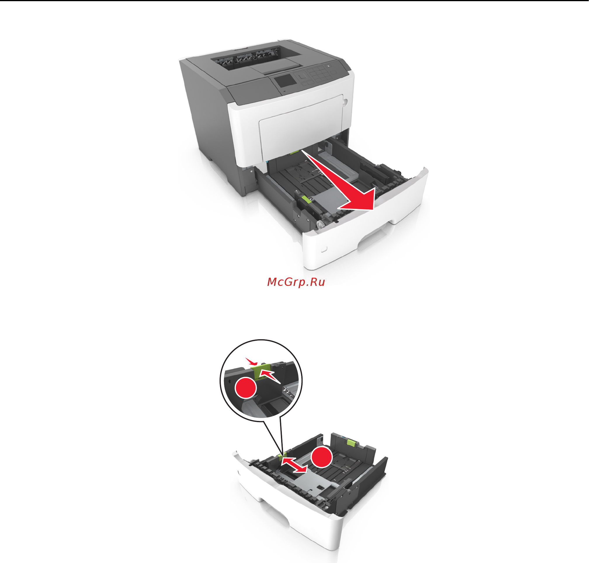 Lexmark M1140 [88/282] Сожмите а затем передвиньте направляющую ширины в положение соответствующее формату загружаемой бумаги