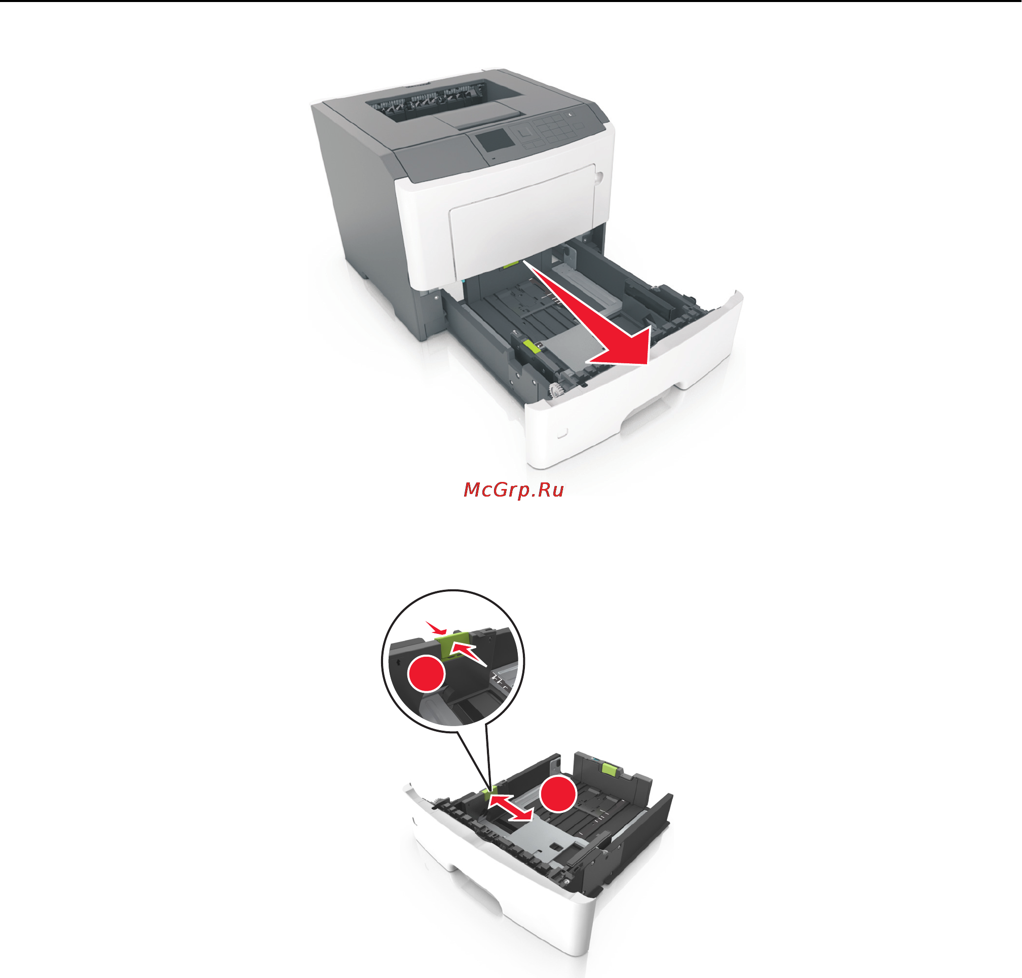 Lexmark MS610de [86/278] Сожмите а затем передвиньте направляющую ширины в положение соответствующее формату загружаемой бумаги