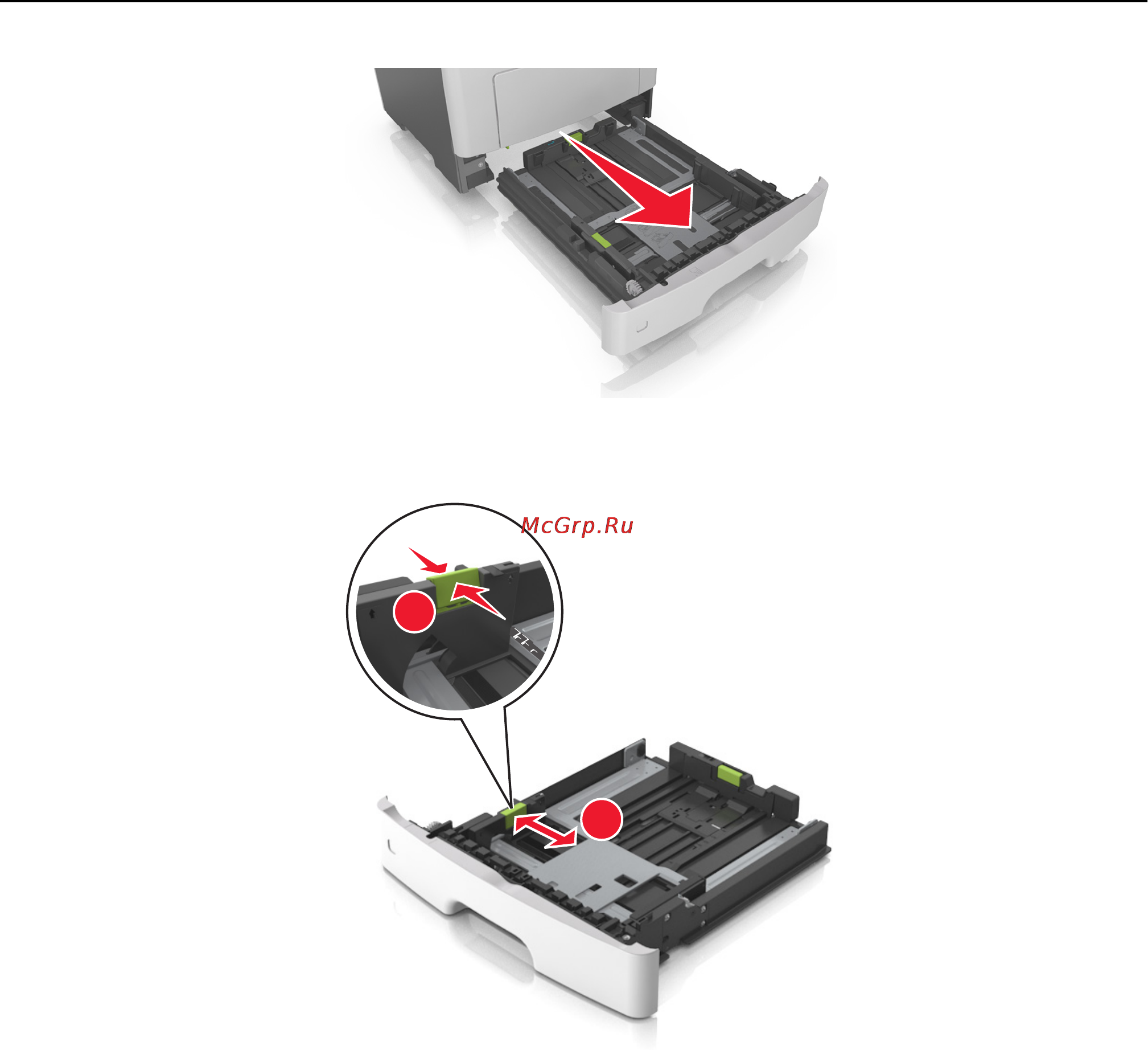 Lexmark MX511dhe [63/363] Сожмите а затем передвиньте направляющую ширины в положение соответствующее формату загружаемой бумаги