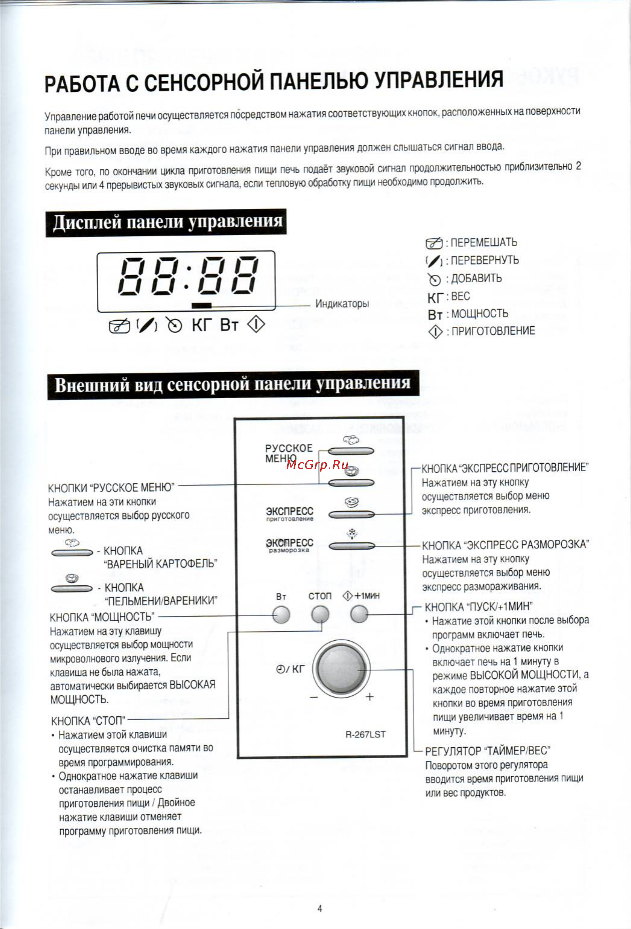 Sharp R-267 LST [5/16] Дисплей панели управления