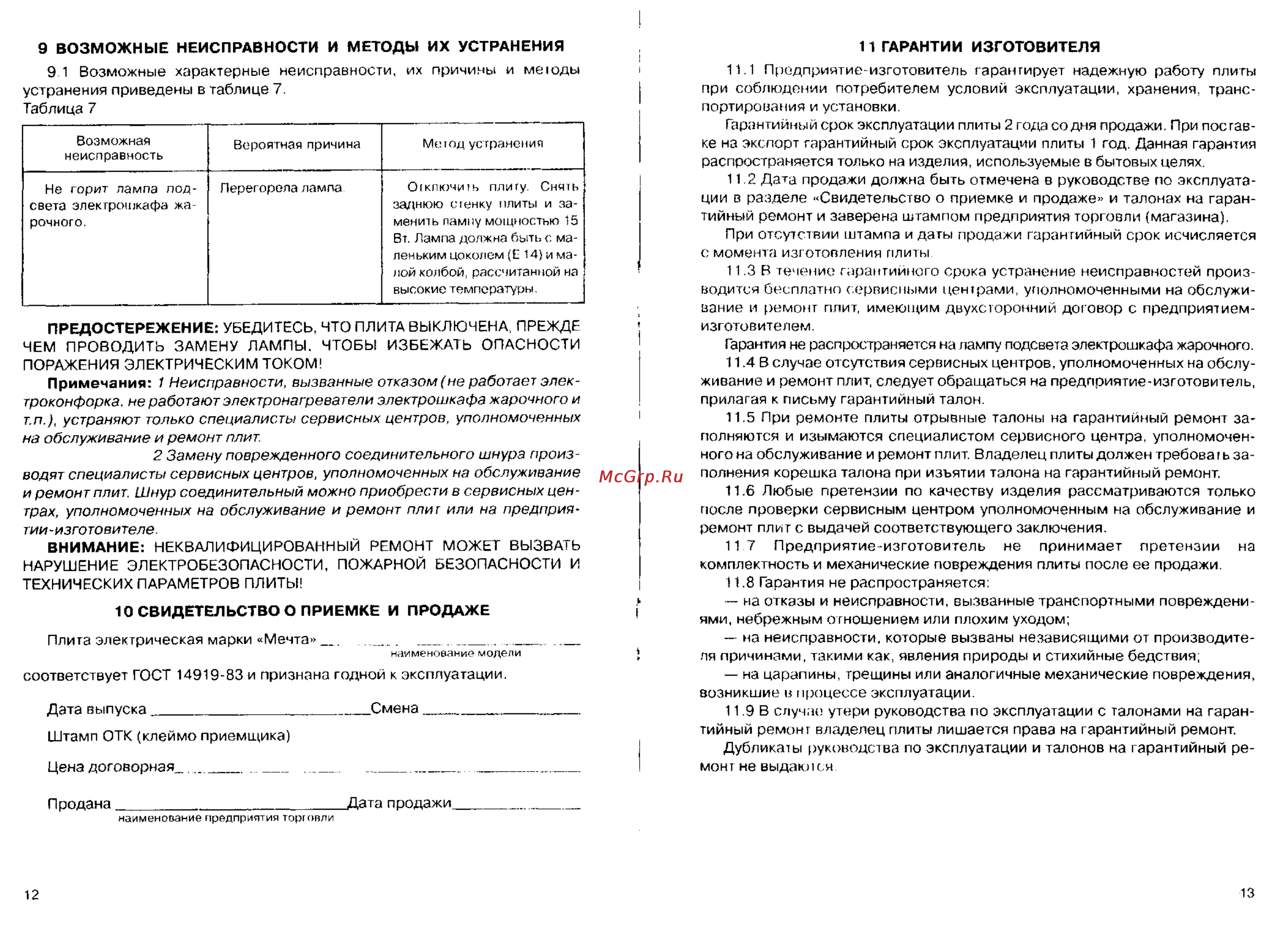 Мечта 221Ч [8/9] Возможные неисправности и методы их устранения