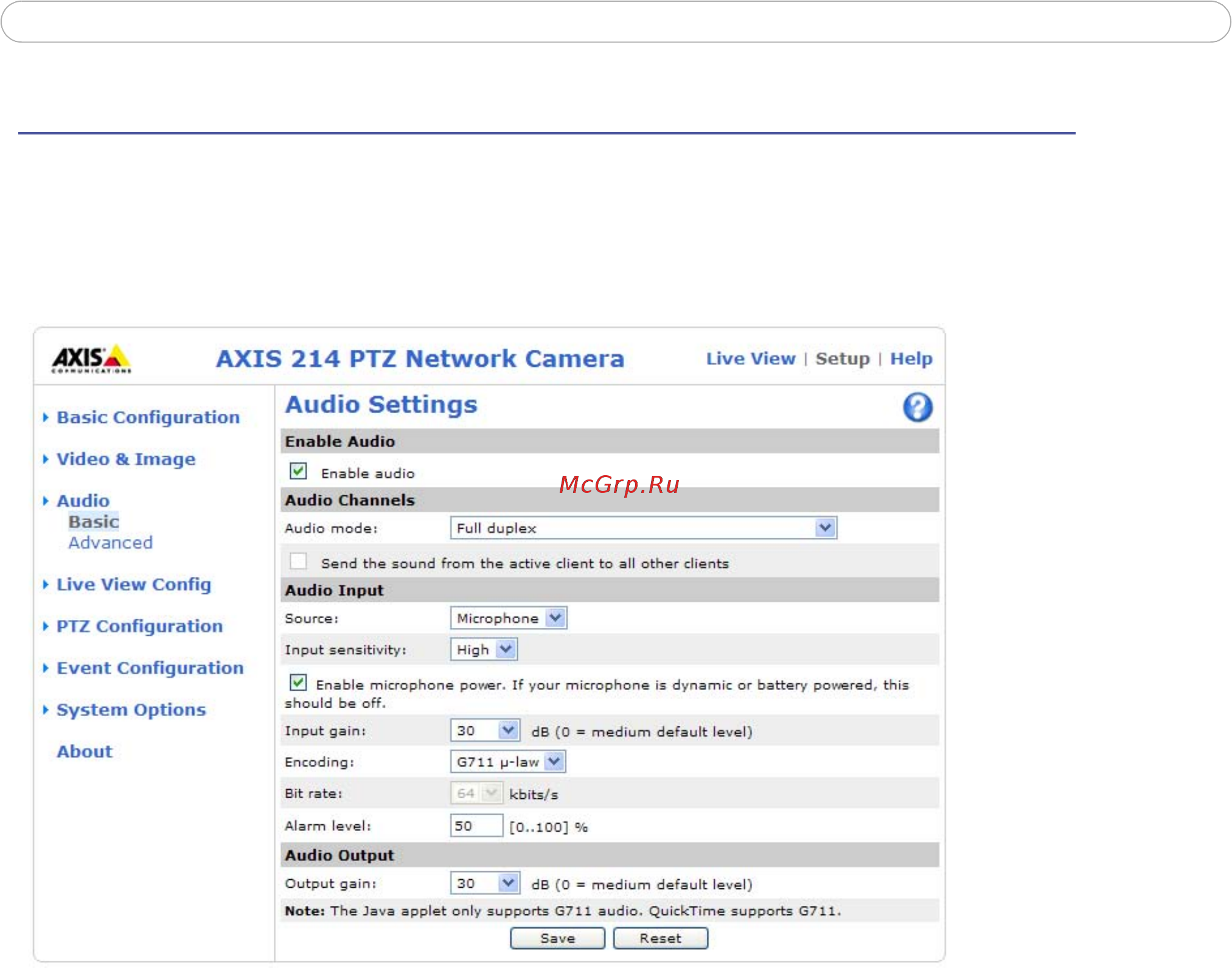 Axis 214 PTZ [20/53] Basic audio settings