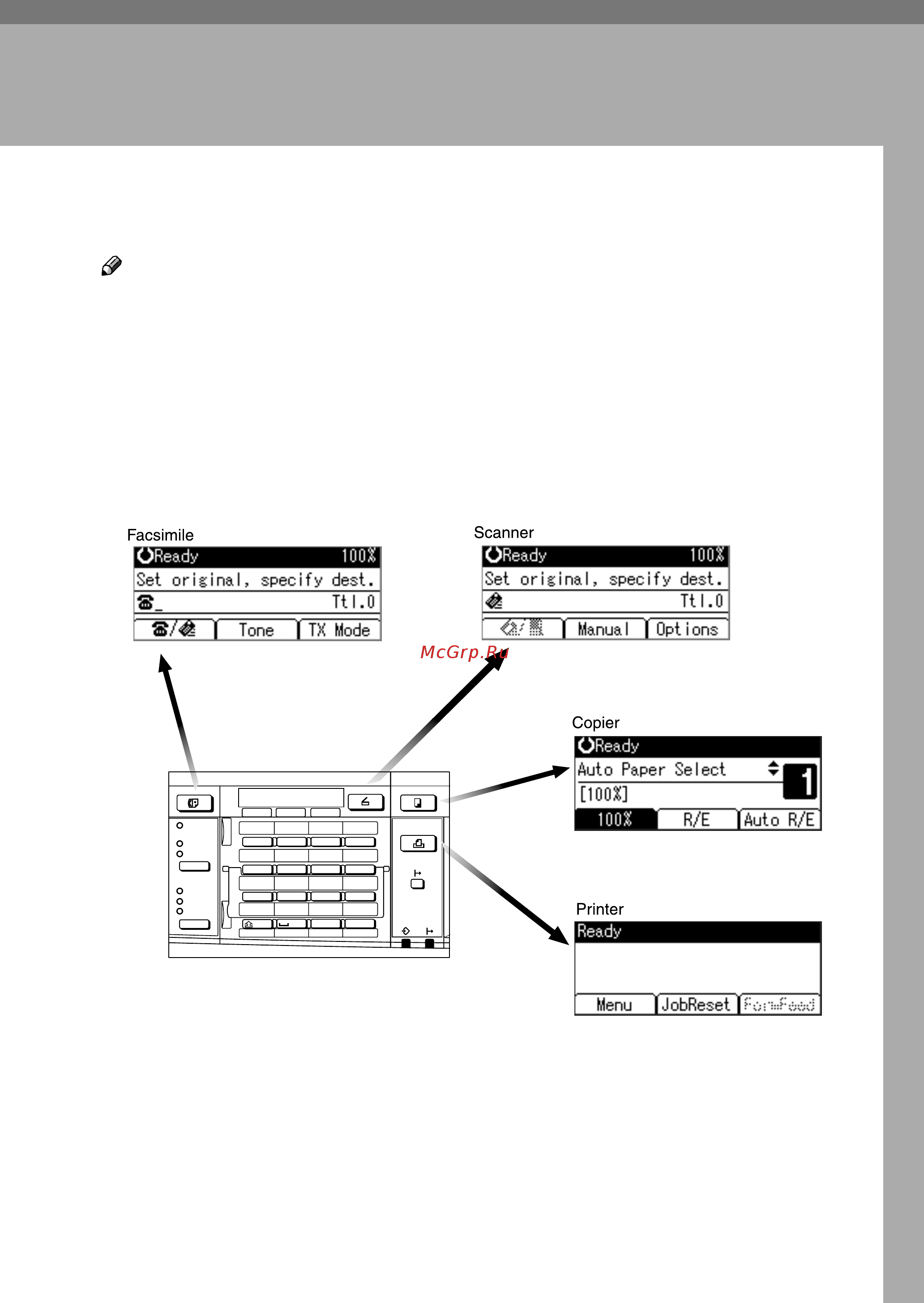 Ricoh Aficio 2020d [31/130] You cannot switch modes in any of the following situations when scanning a fax message for transmission during immediate transmission when accessing user tools during on hook dialing for fax transmission while scanning an original the copying screen is displayed as default when the power is turned on you can change this default setting see p 8 function priority
