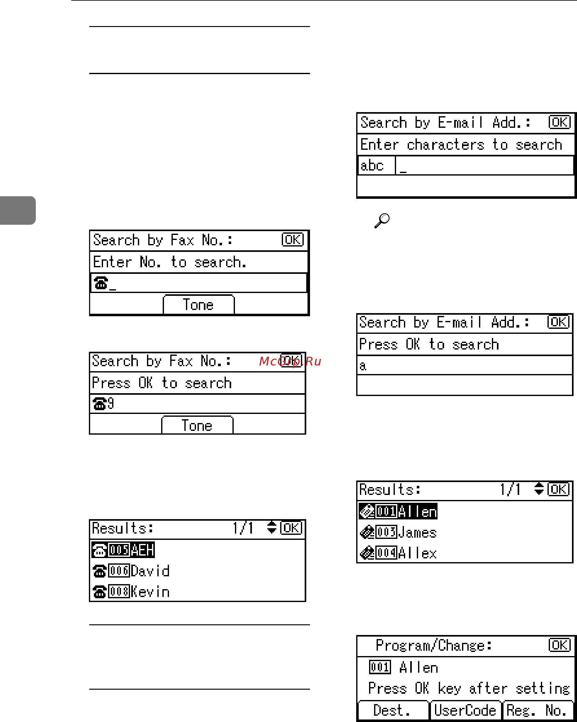 Ricoh Aficio 2020d [80/130] Searching to select a registered e mail destination by e mail address