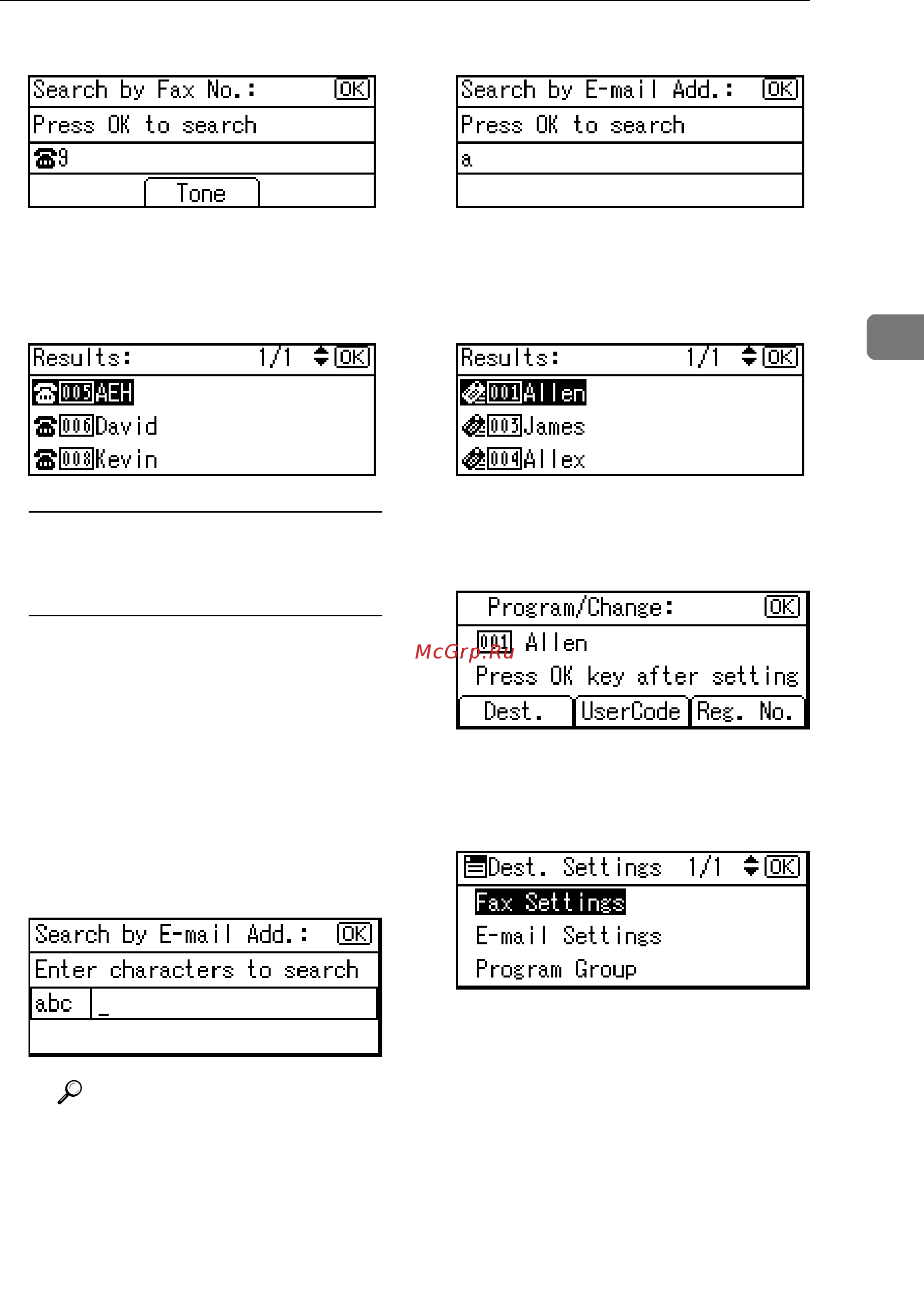 Ricoh Aficio 2020d [89/130] Searching to select a destination registered in a group by e mail address