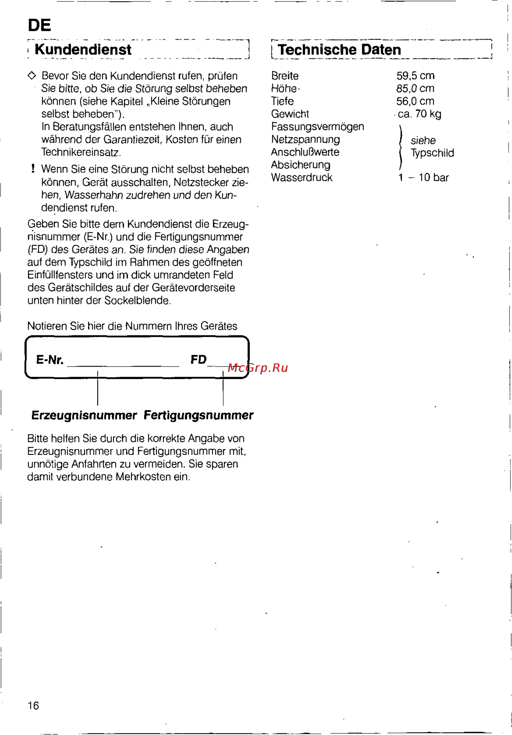 Bosch WFB 1002 [14/73] Kundendienst 1 technische daten