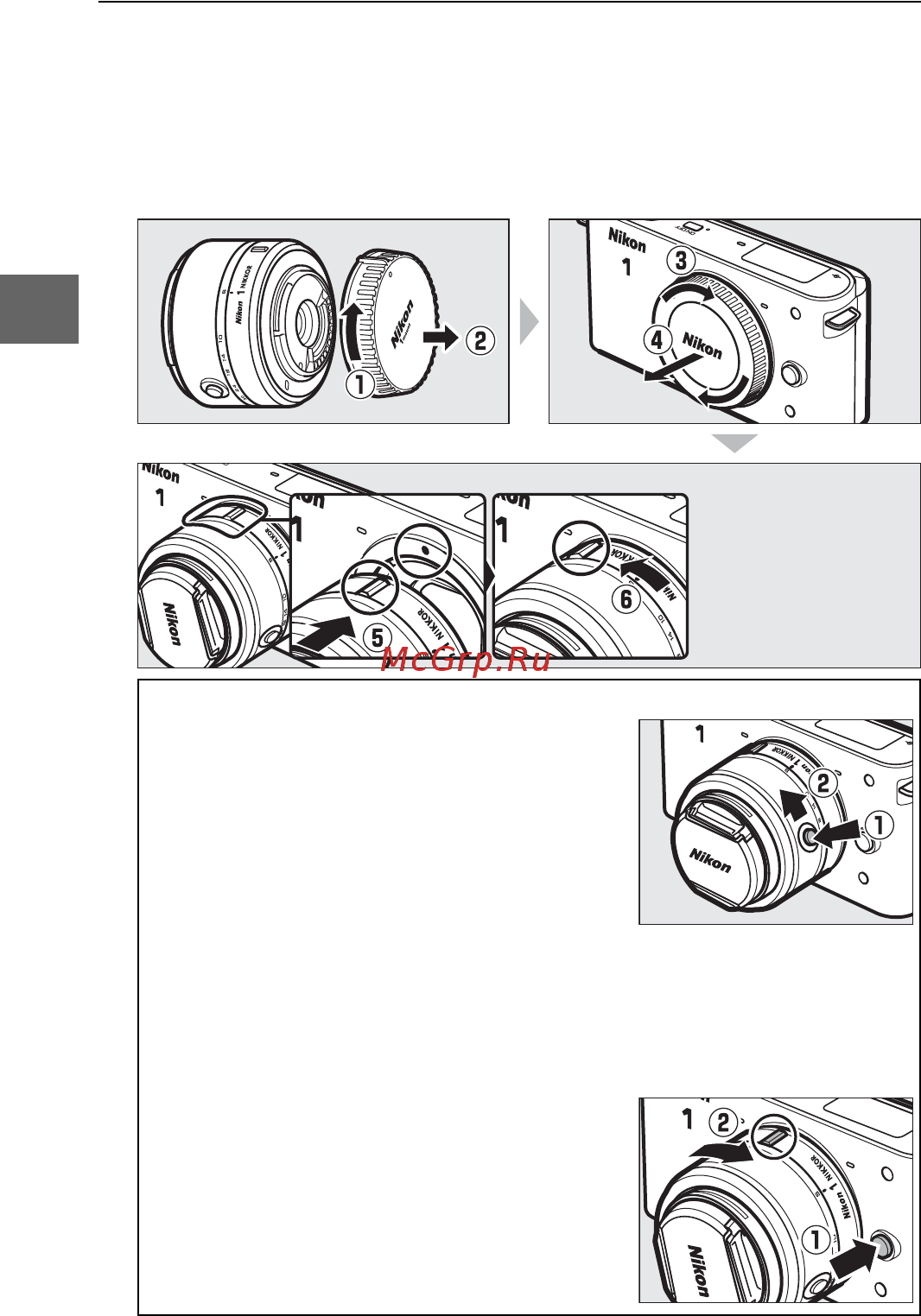 Nikon 1 J1+10-30 VR Kit White [37/218] Установите объектив следите чтобы при снятом объективе или снятой защитной крышки фотокамеры внутрь фотокамеры не попала пыль обычно в качестве иллюстрации в данном руководстве представлен объектив 1 nikkor vr 10 30 мм f 3 5 5 6 см стр 136 для получения информации о подавлении вибраций vr