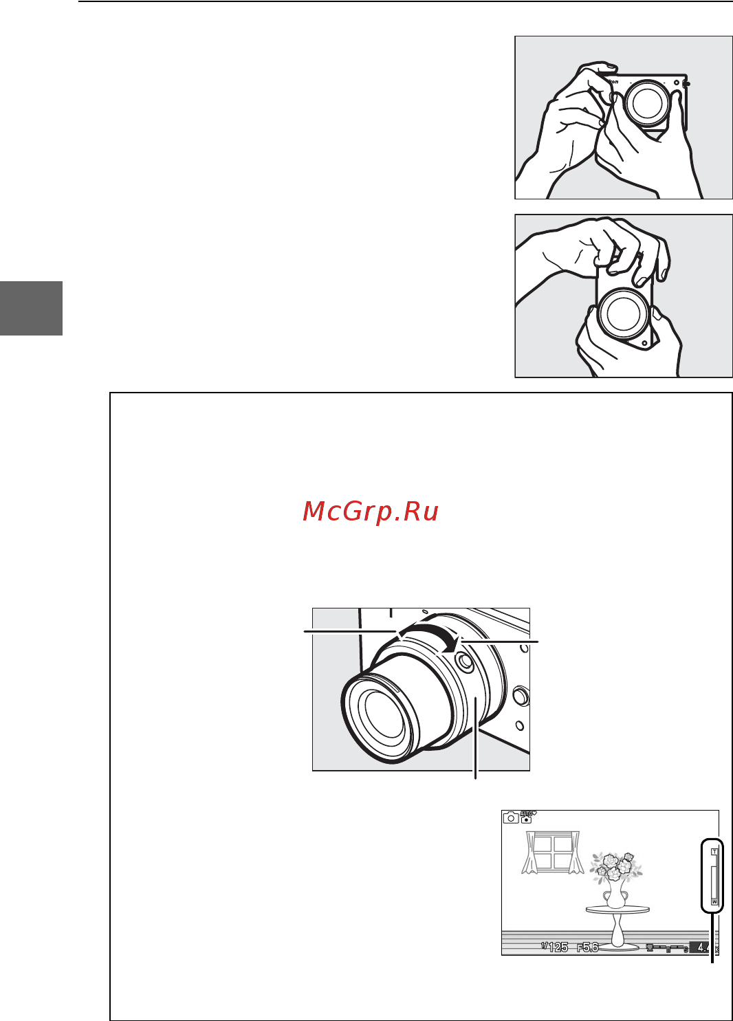 Nikon 1 J1+10-30 VR Kit White [43/218] Подготовьте фотокамеру к работе снимите крышку объектива и надежно держите фотокамеру обеими руками стараясь не закрывать объектив вспомогательную подсветку аф или микрофон поверните фотокамеру как показано на нижнем рисунке справа во время съемки в книжной портретной ориентации