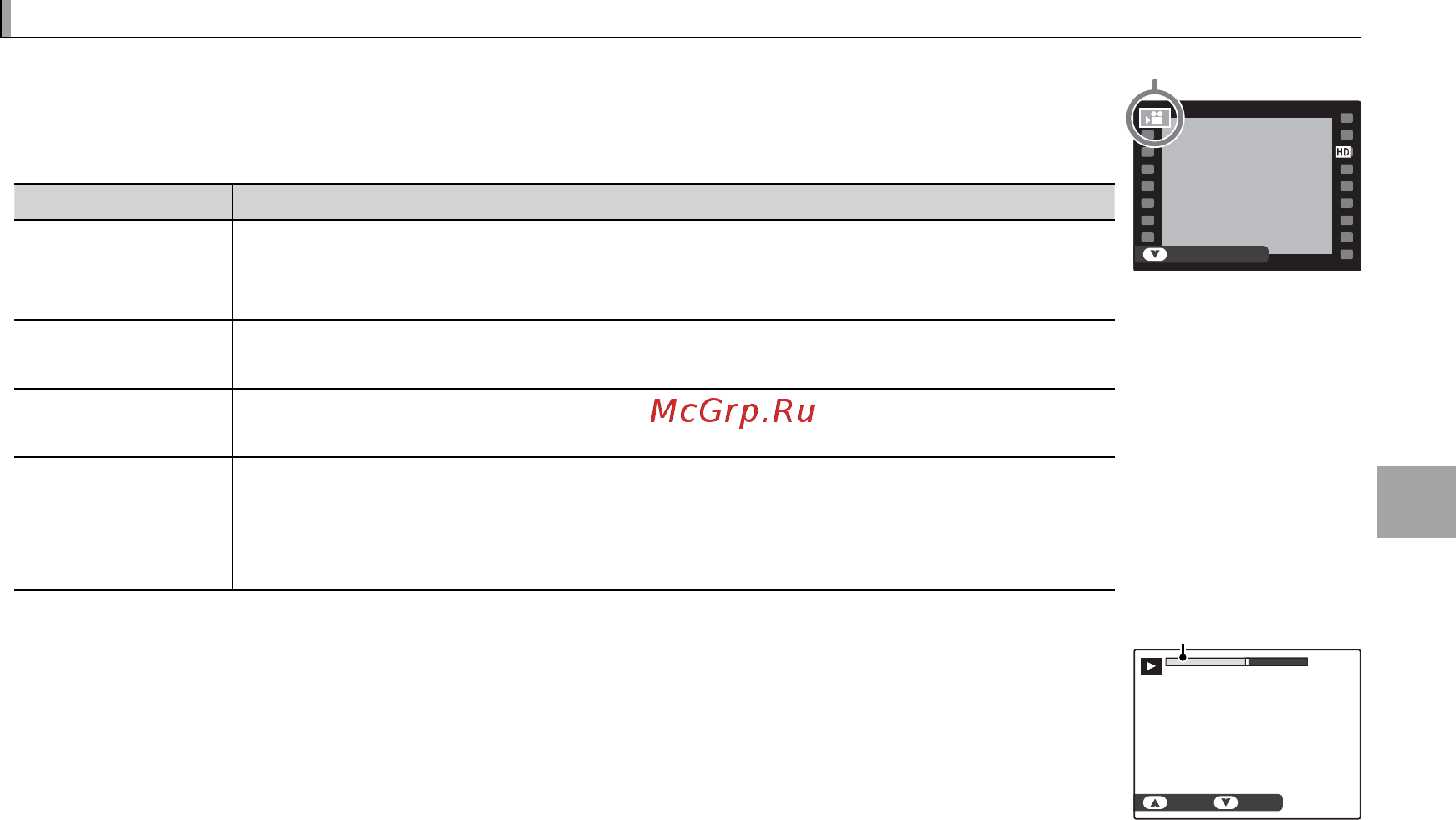 Fujifilm X-Pro 1 Body [75/136] Во время воспроизведения видеофрагменты отображаются на жк дисплее как показано справа при просмотре видеофрагмента могут выполняться следующие операции