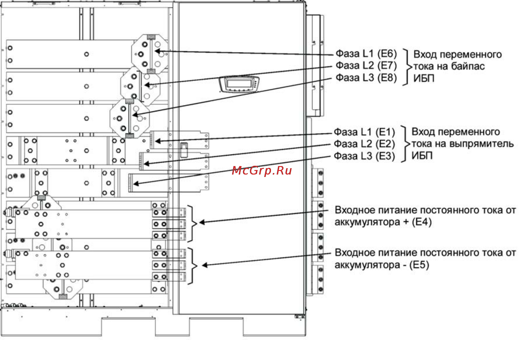 Eaton Powerware 9395 675-1100 кВА [62/173] Рис 4 17 расположение клемм питания секции isbm ибп общий аккумулятор