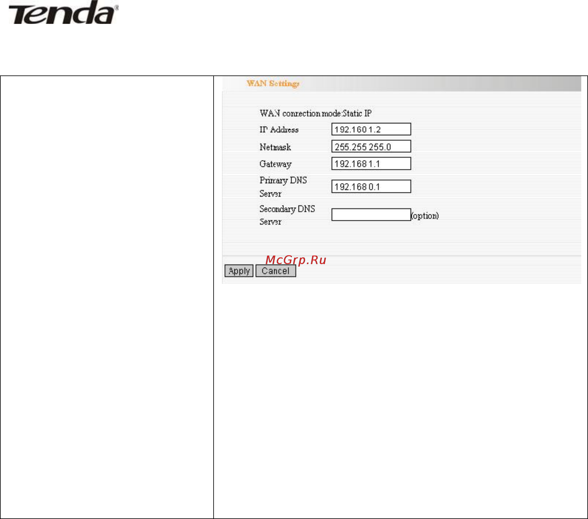 Tenda W306R [23/79] Wan settings static ip