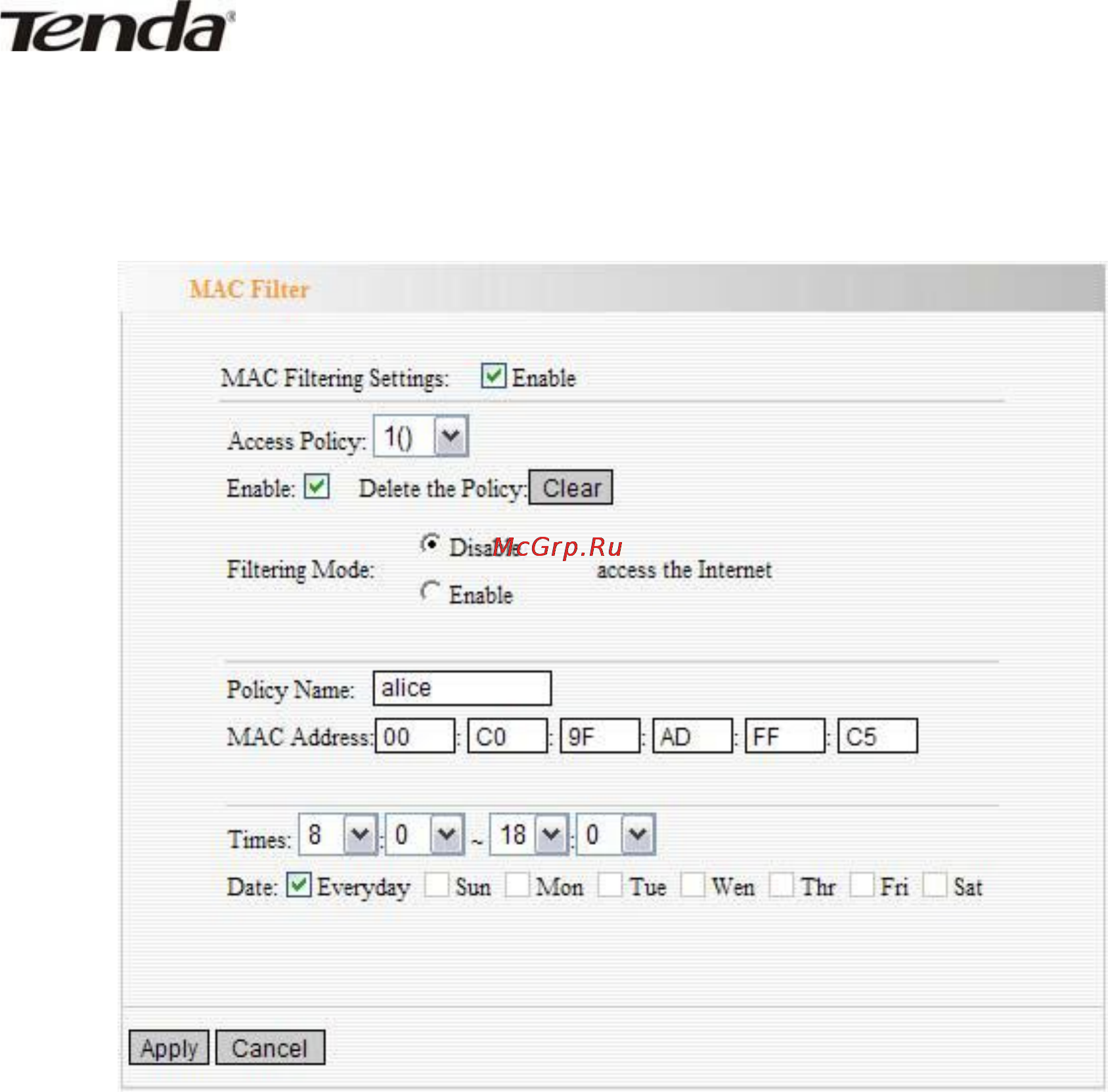 Tenda W306R [63/79] Mac address filter фильтрация mac адресов