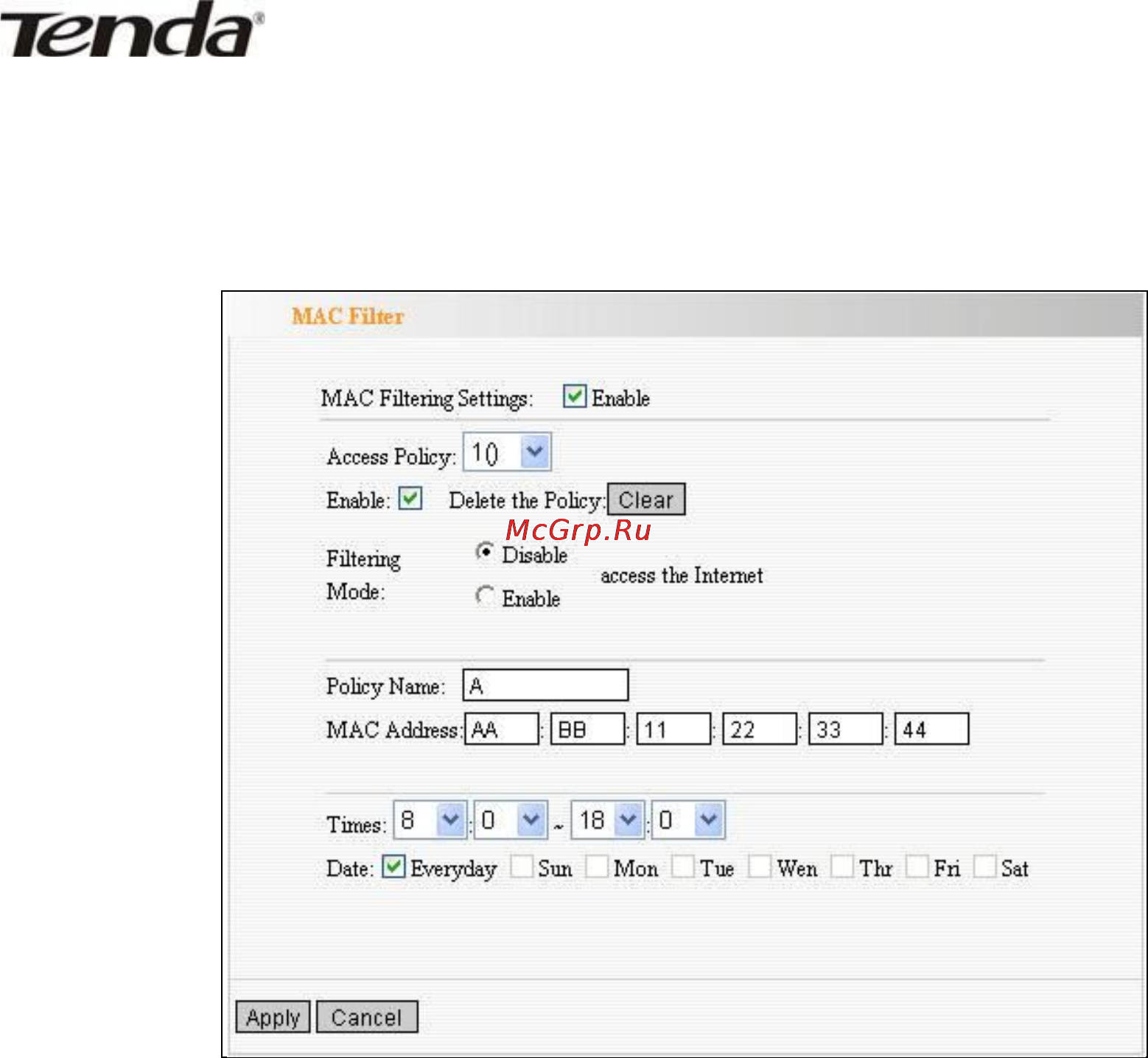 Tenda W268R [48/64] Mac address filter фильтрация mac адресов