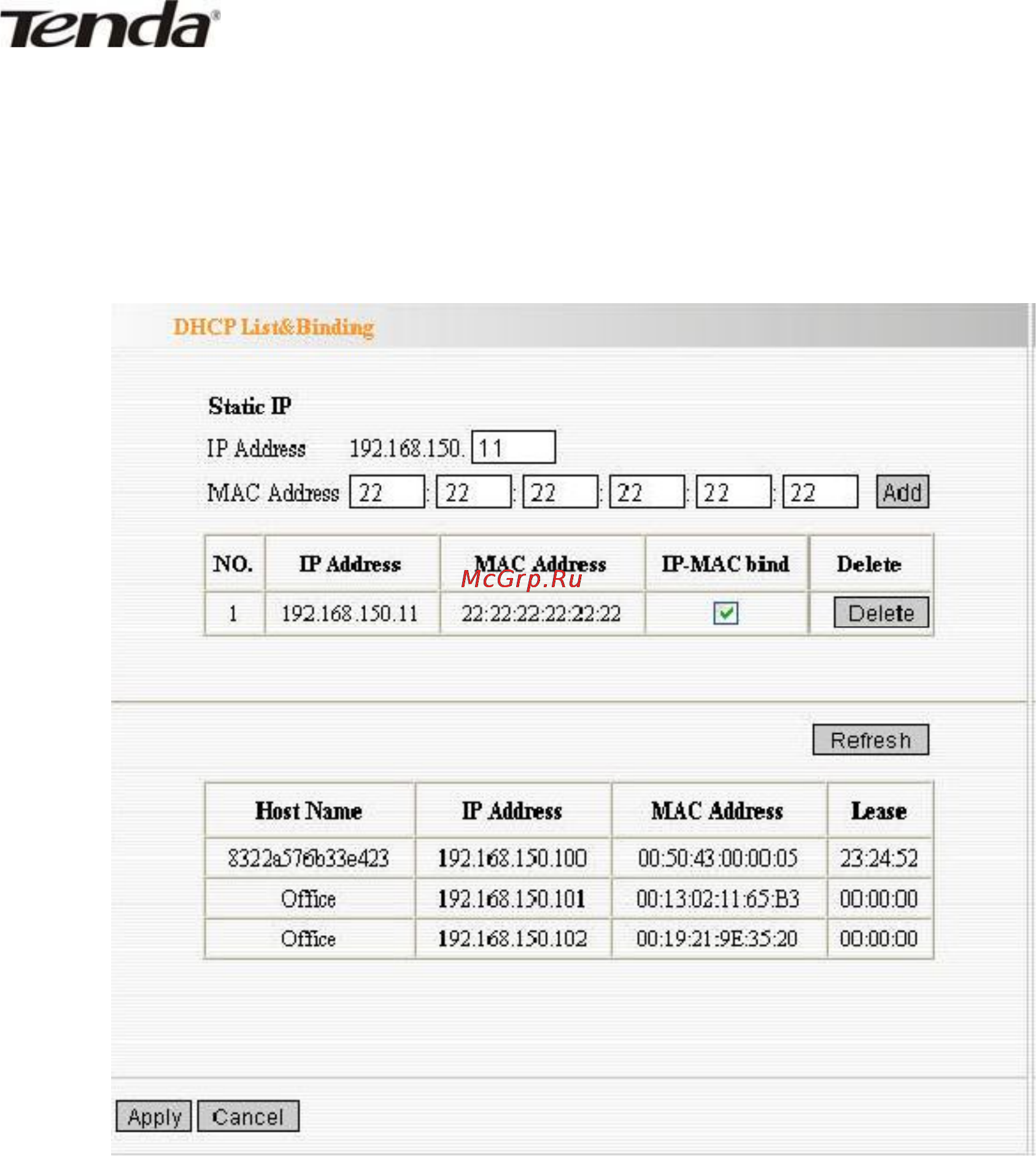 Tenda W311R+ [36/61] Dhcp list and binding лист привязанных ip адресов для сервера