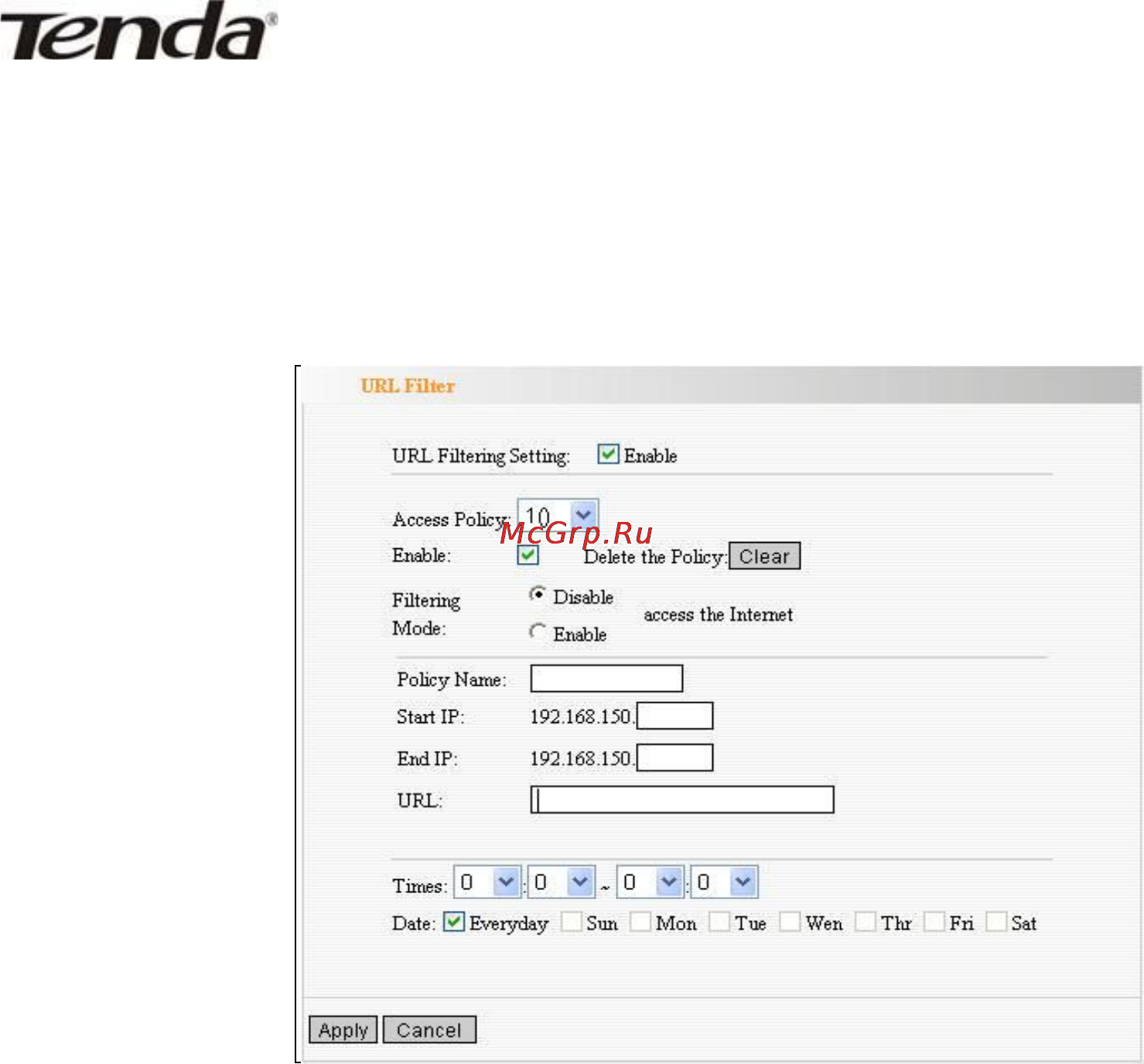 Tenda W311R [44/61] Url filter settings установки фильтрации адресов url
