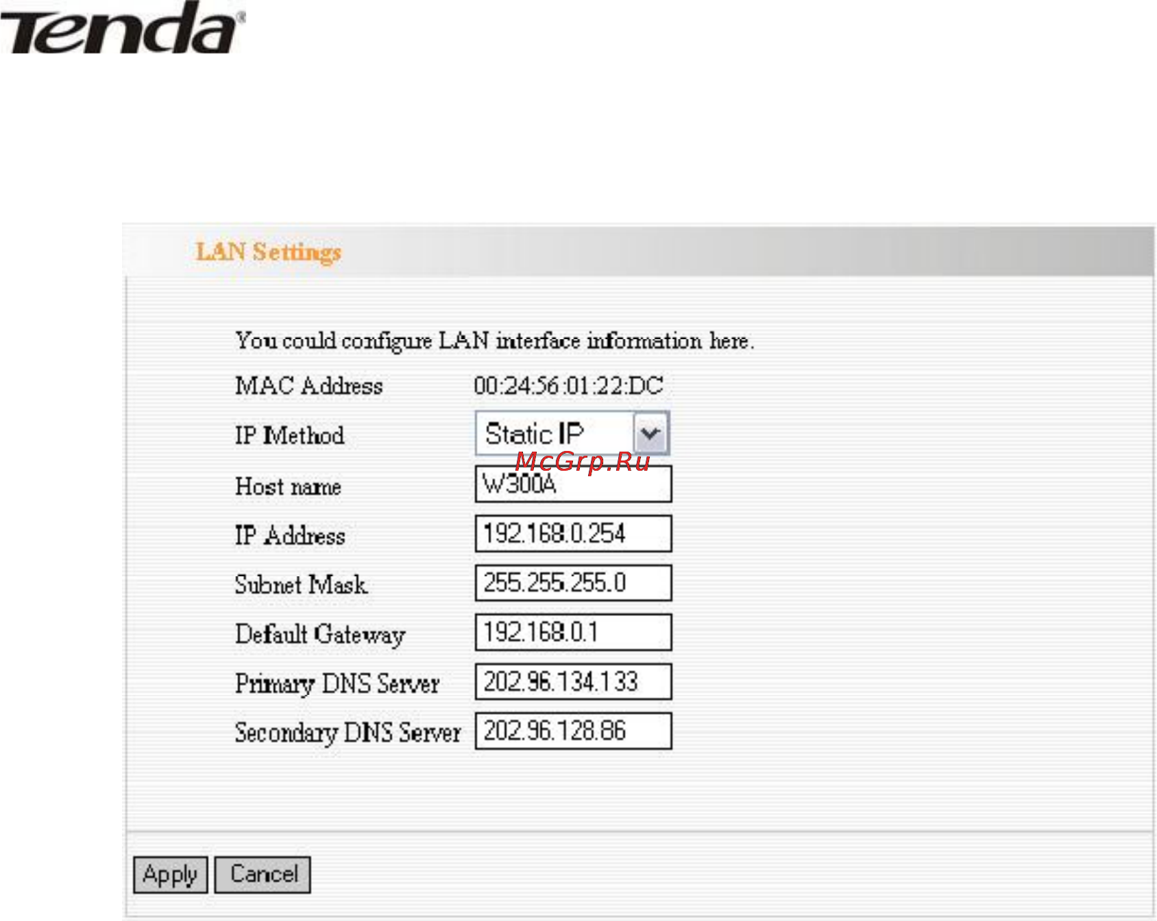 Tenda W300A [14/56] Lan settings настройки локальной сети