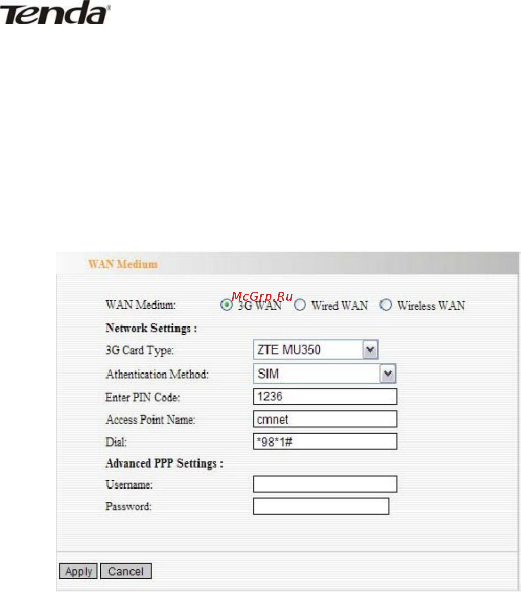 Tenda 3G611R+ [20/83] Wan medium типы каналов wan
