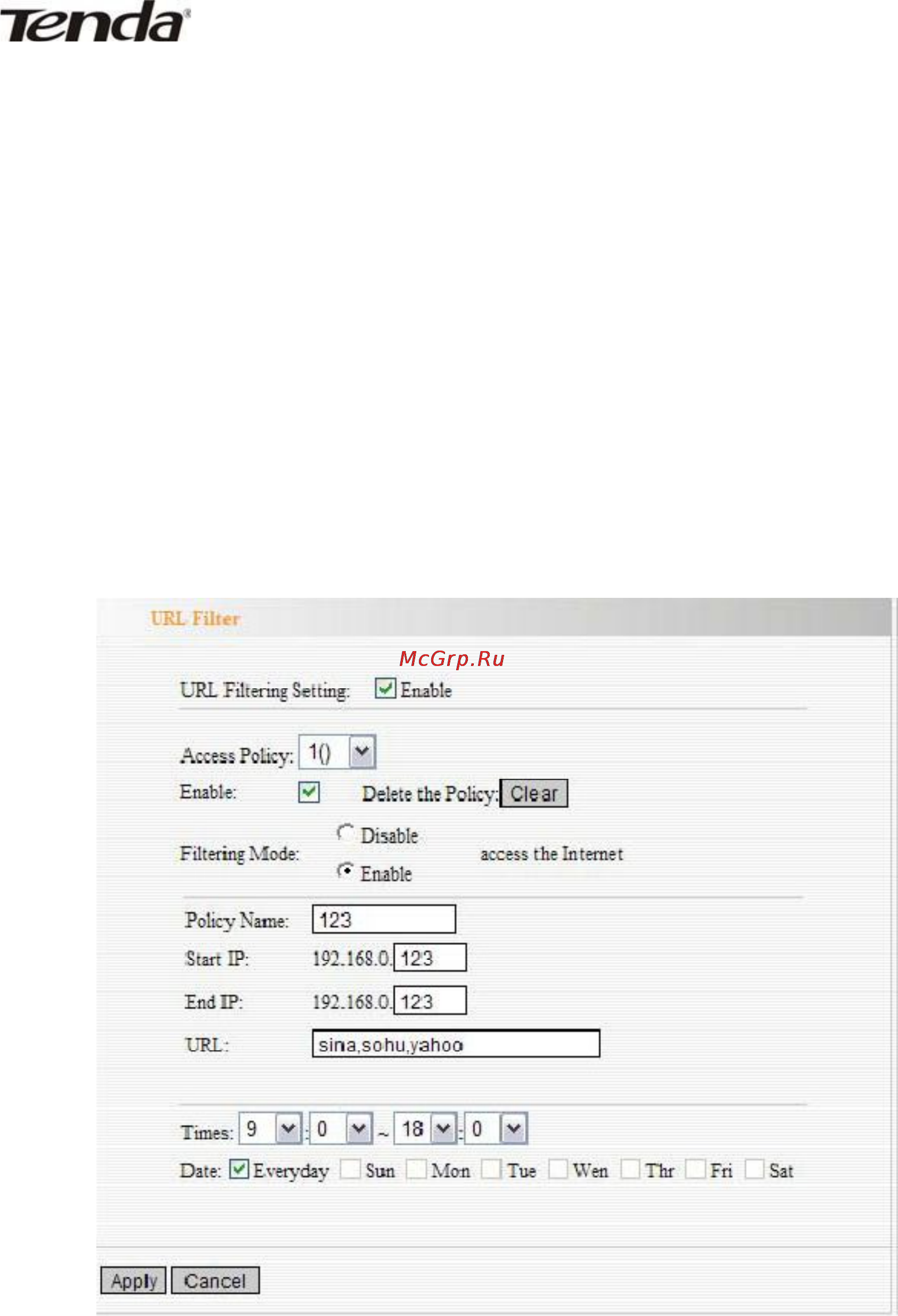 Tenda 3G611R+ [63/83] Url filter settings установки фильтрации адресов url