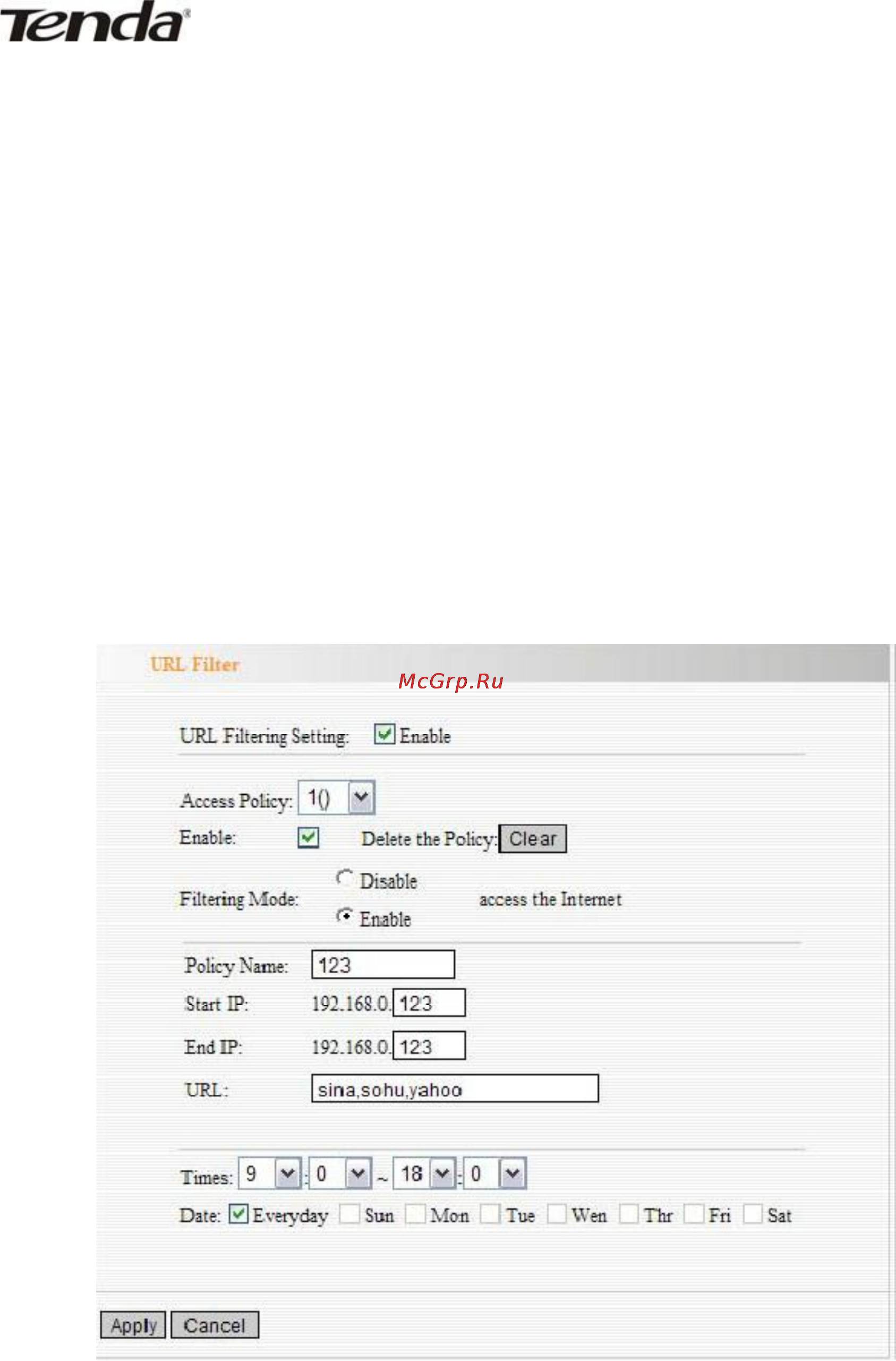 Tenda W300D [55/72] Url filter установки фильтрации адресов url