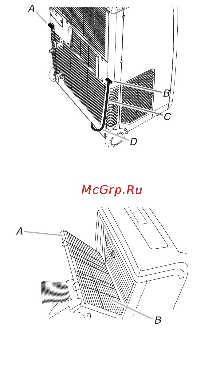 Whirlpool AMD 081 [9/13] A вспомогательное сливное отверстие b заглушка сливного шланга c держатель сливного шланга d главное сливное отверстие