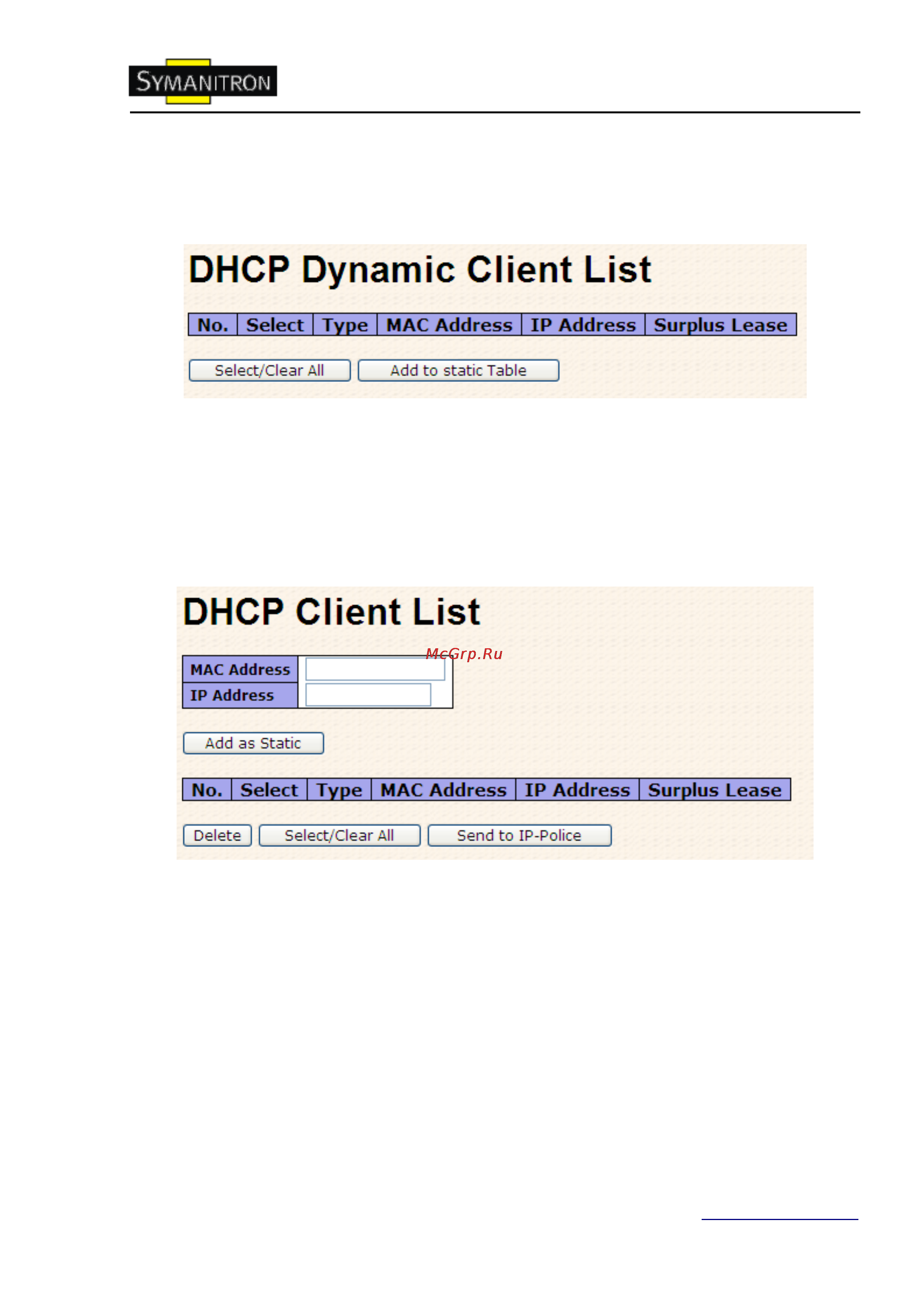 Symanitron SWMGP-84SFP [31/113] Список динамических клиентов dhcp