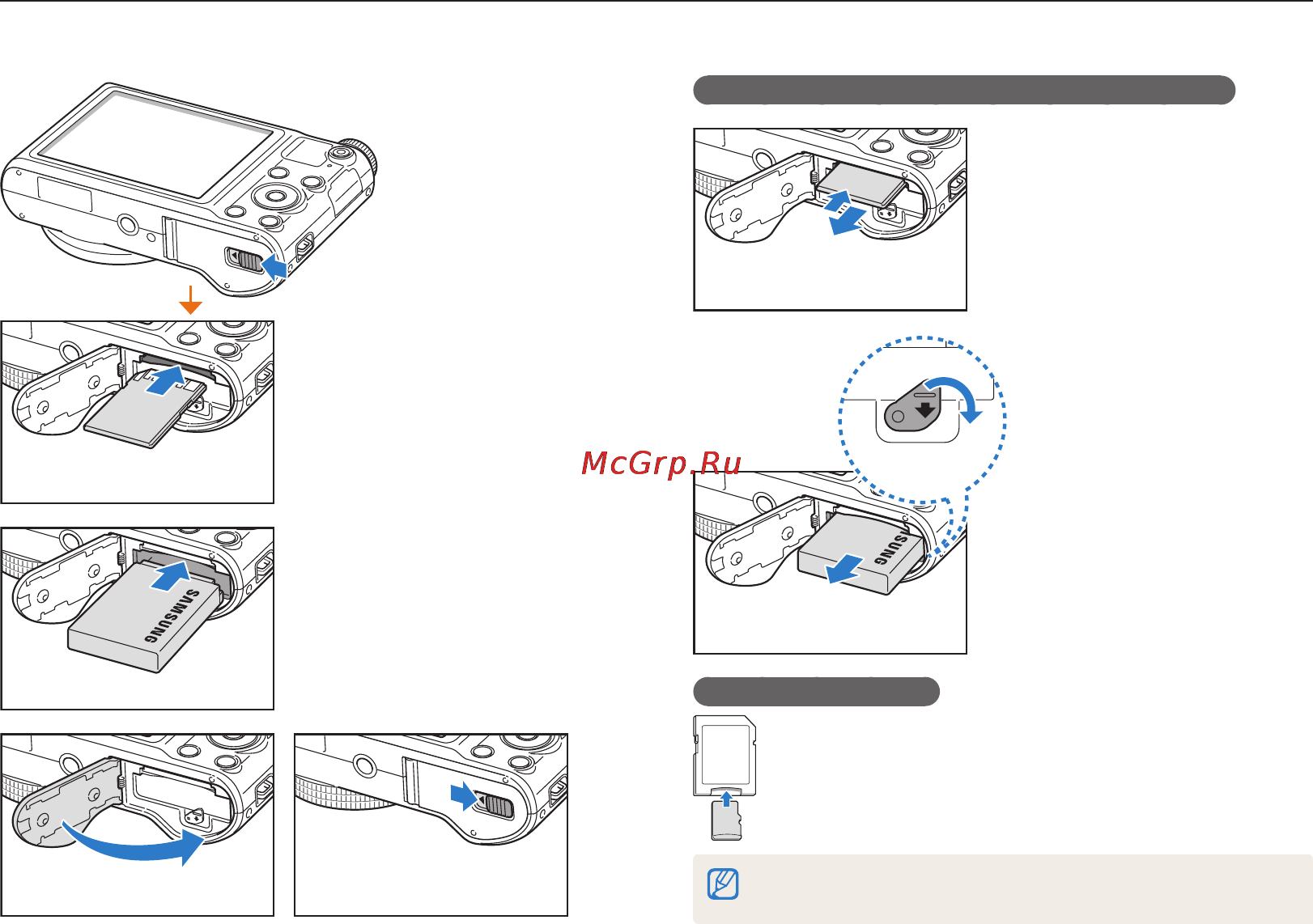 Samsung WB150(F) [20/158] Установка аккумуляторной батареи и карты памяти