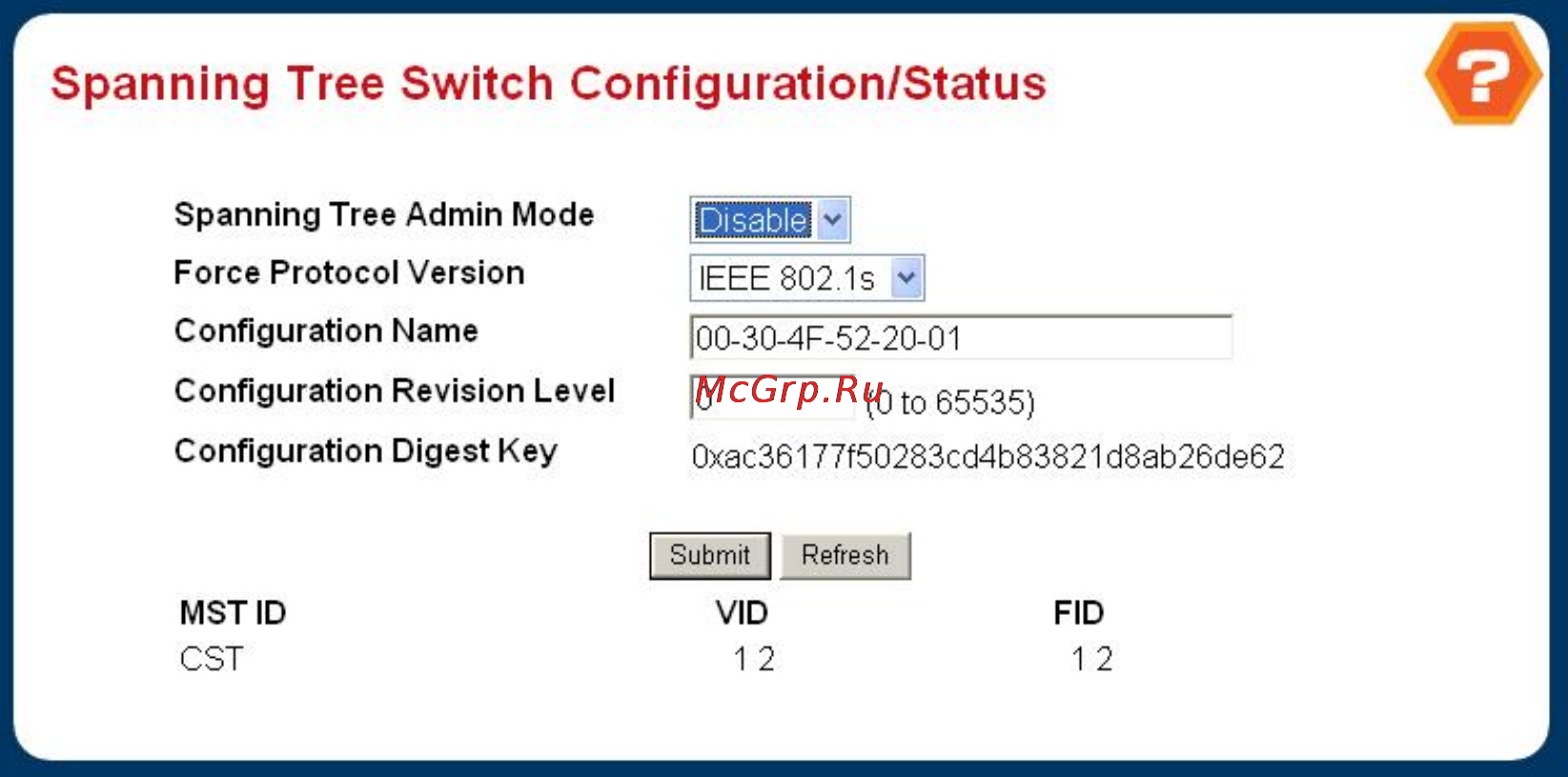 Planet WGS3-5220 [136/528] Spanning tree switch configuration status