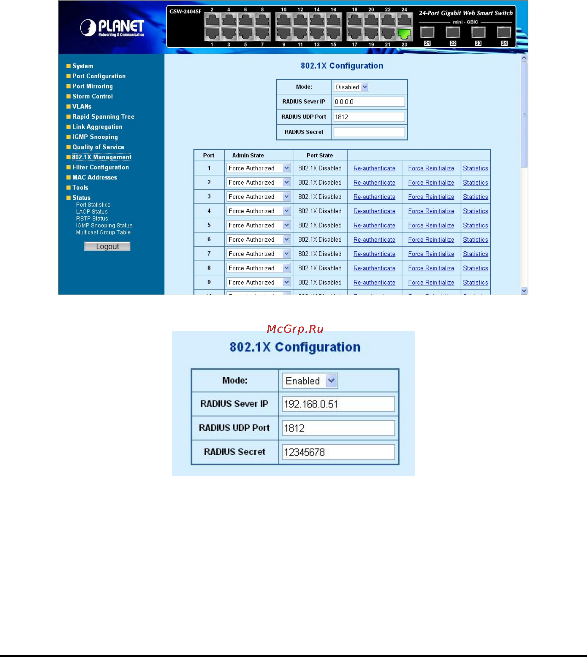 Planet GSW-2404SF [58/83] Radius server configuration