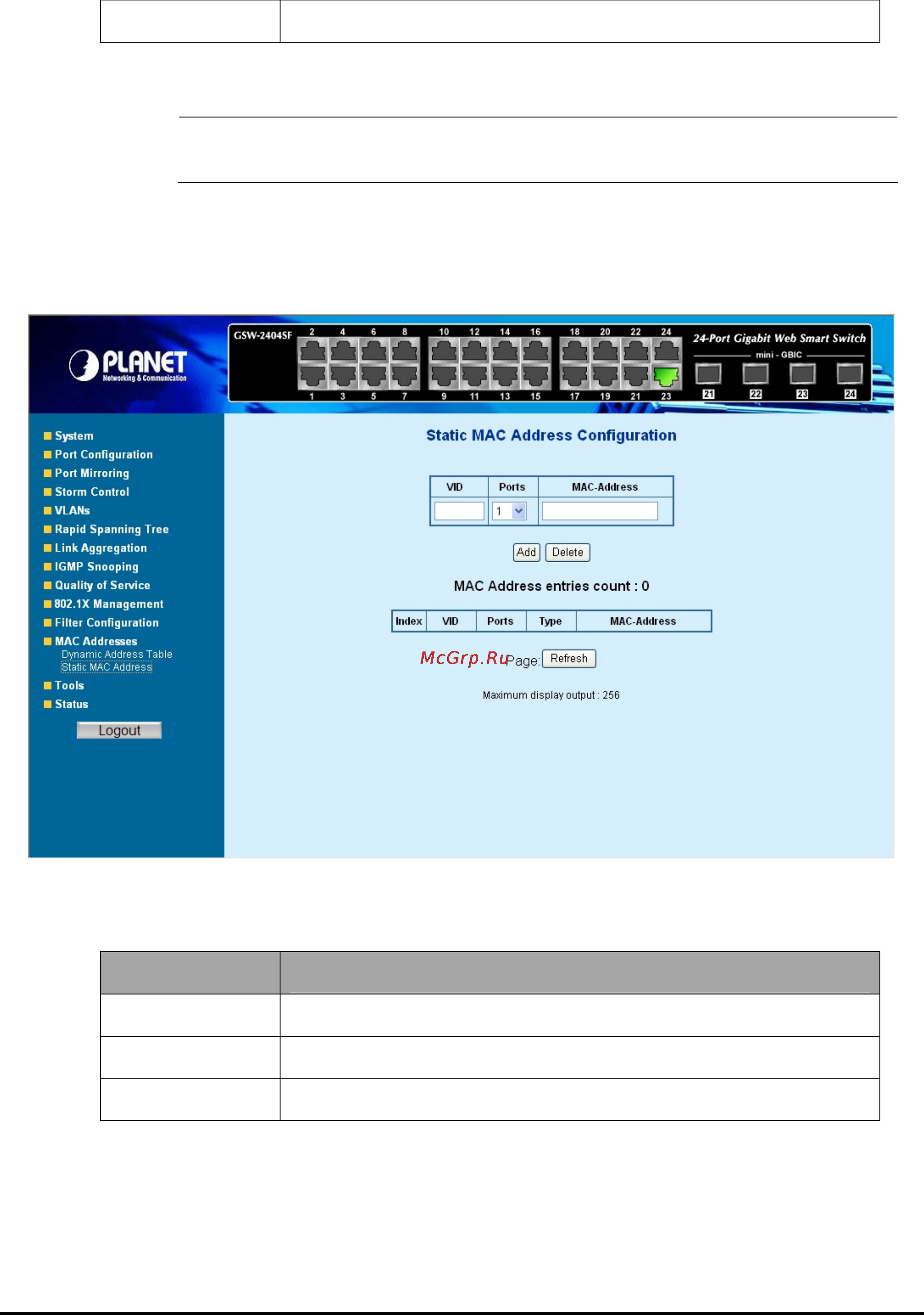 Planet GSW-2404SF [64/83] Static mac address