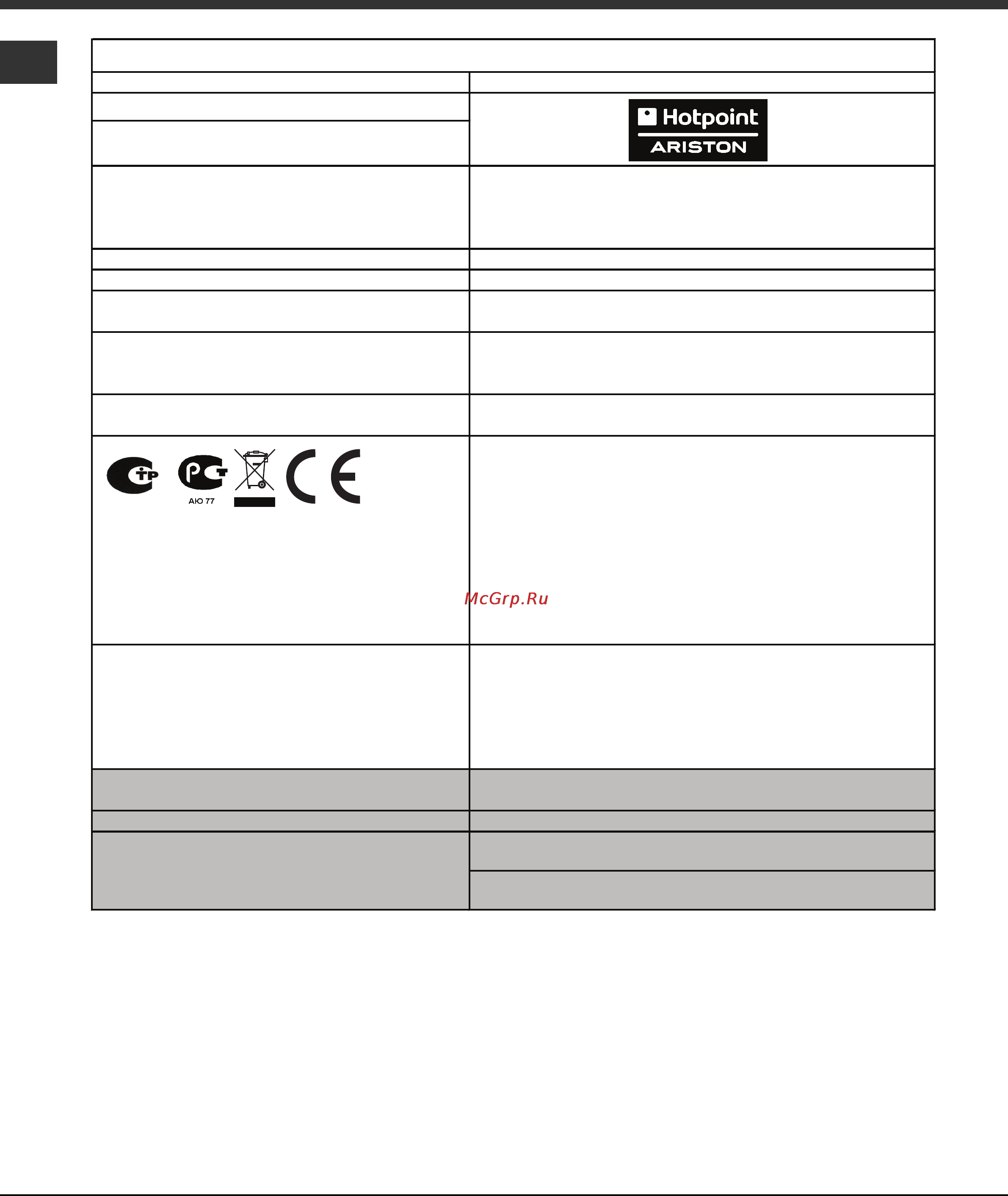 Ariston 7HPK 755 D GH X [20/32] Паспортная табличка