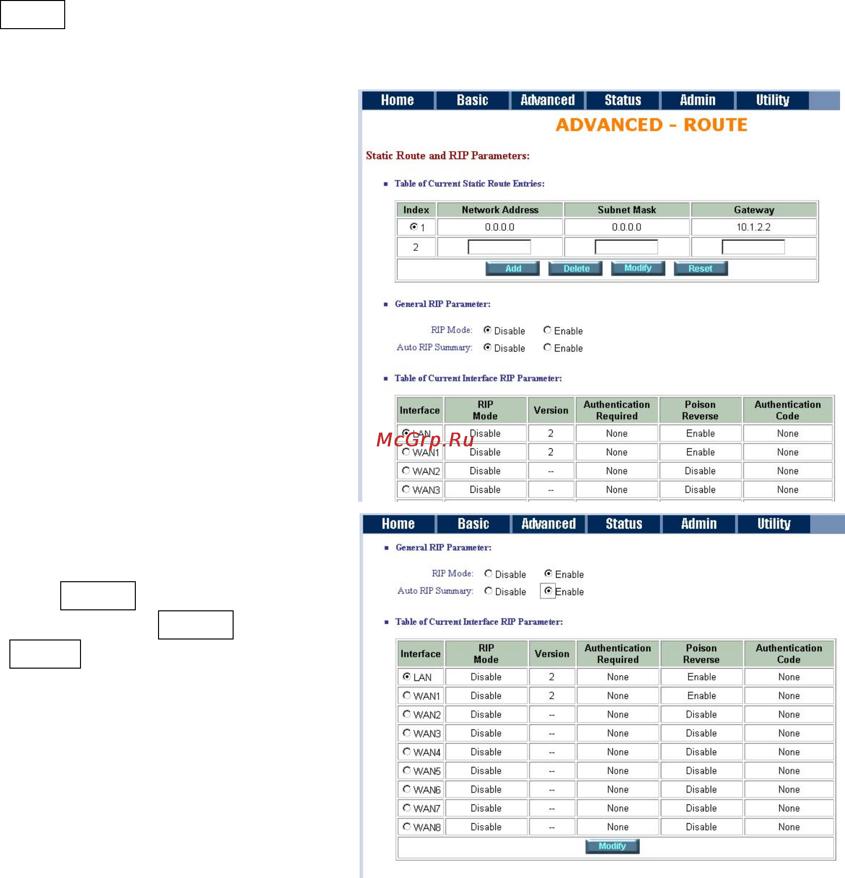 Planet GRT-101 [30/76] To modify the rip routing information protocol parameters rip mode enable auto rip summary enable press modify