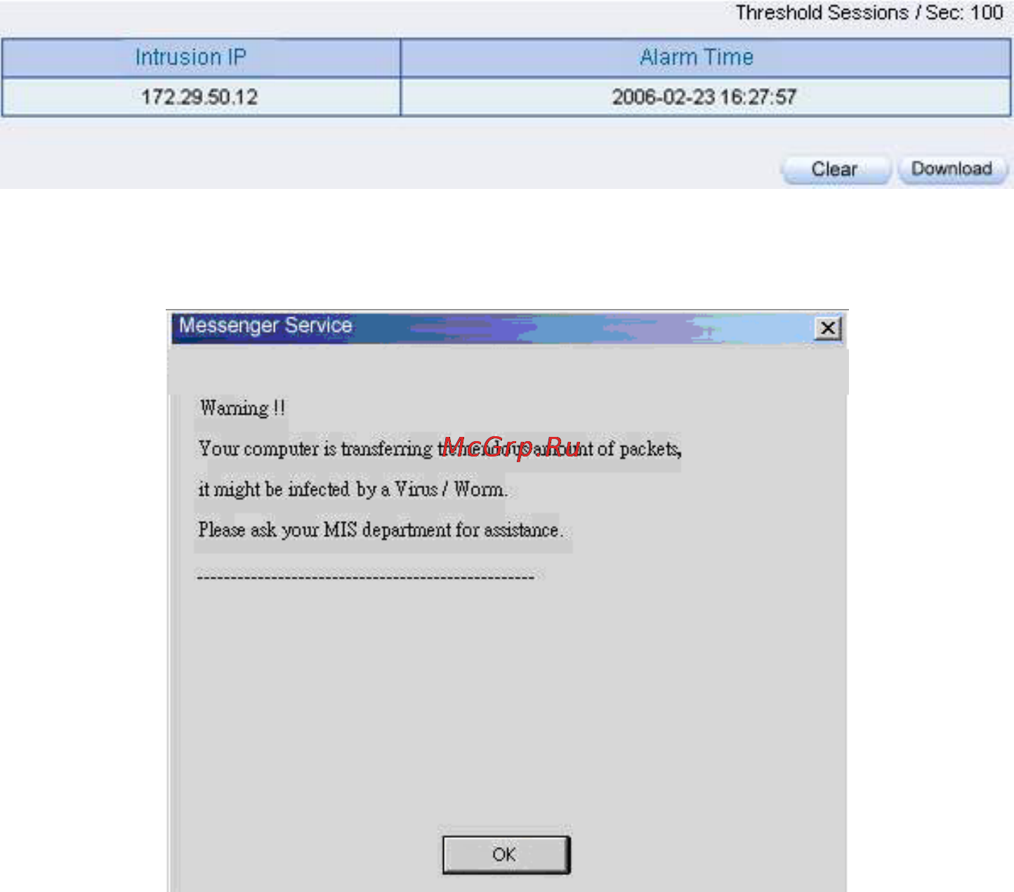 Planet IM-1000 [177/211] Intrusion ip when we complete the notification setting the system will instant show the message at intrusion ip or send netbios alarm notification to the invader and administrator s pc after system has detected there are many intrusion packets from the external computer