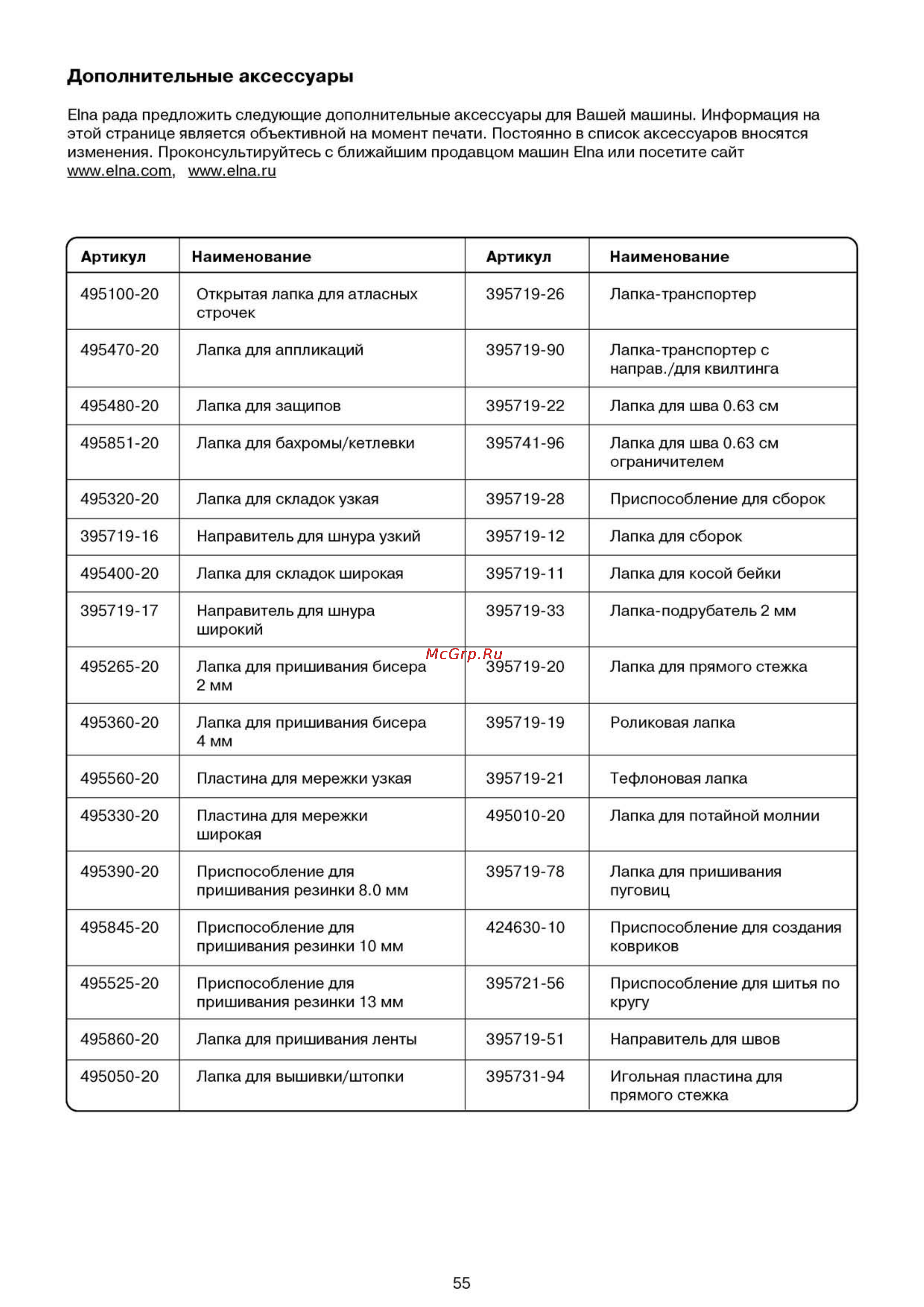 Elna 6200 [56/58] Дополнительные аксессуары