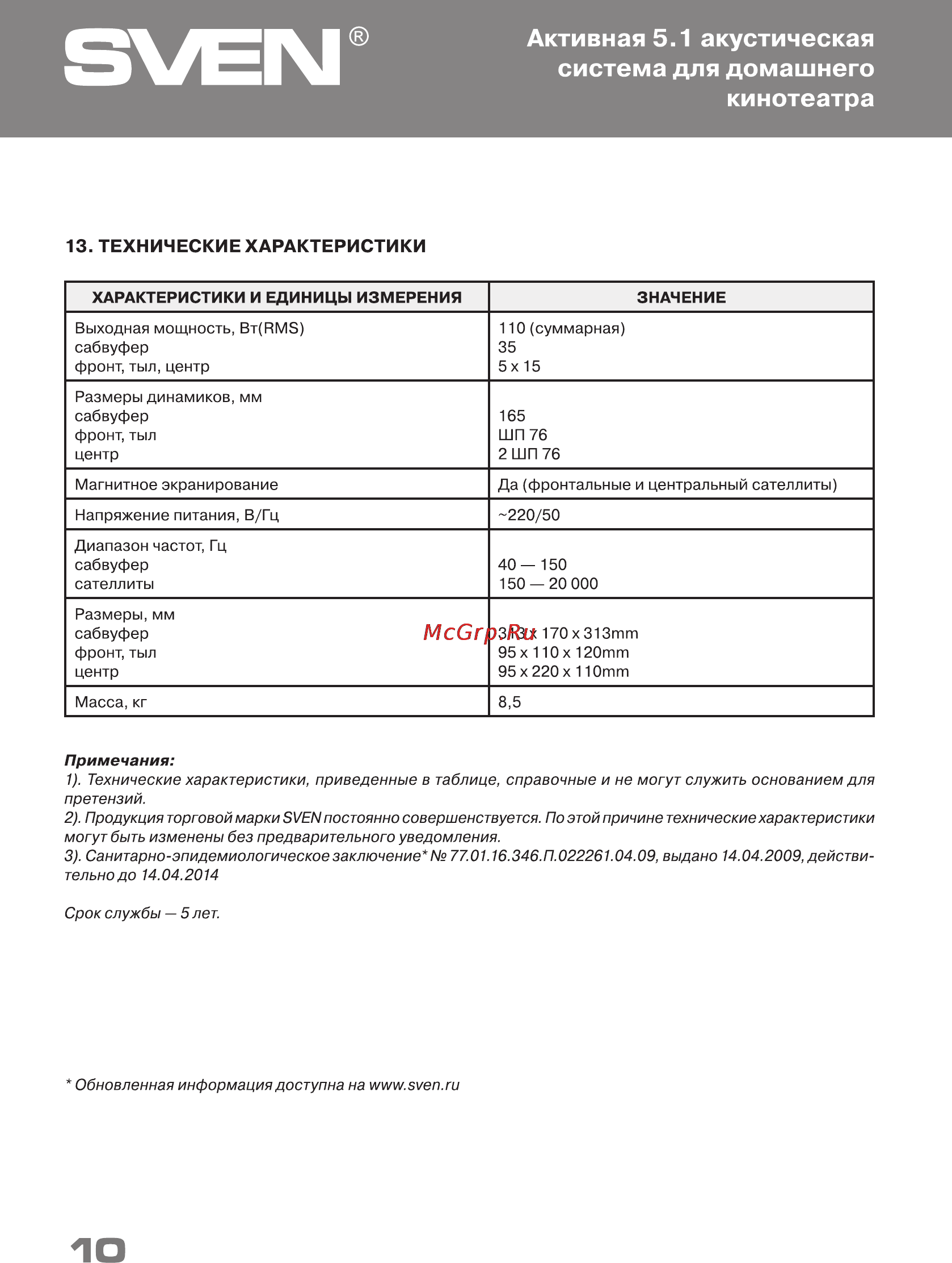Sven АС HT-435D Ch [10/20] Технические характеристики