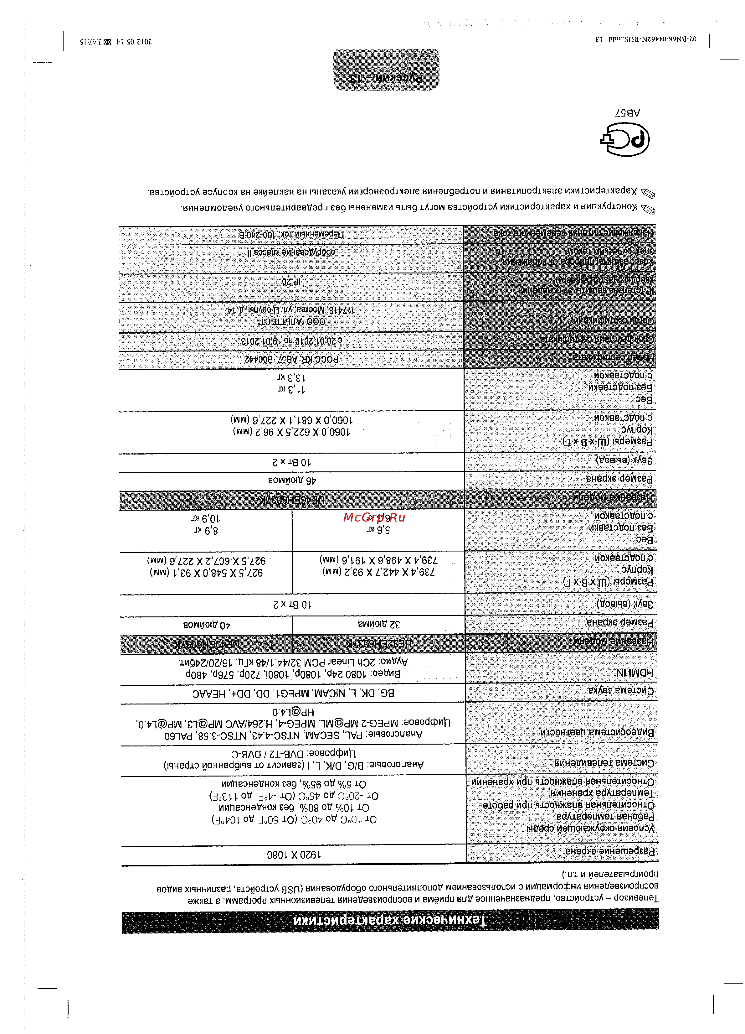 Samsung UE-32 EH6037K [13/15] Технические характеристики