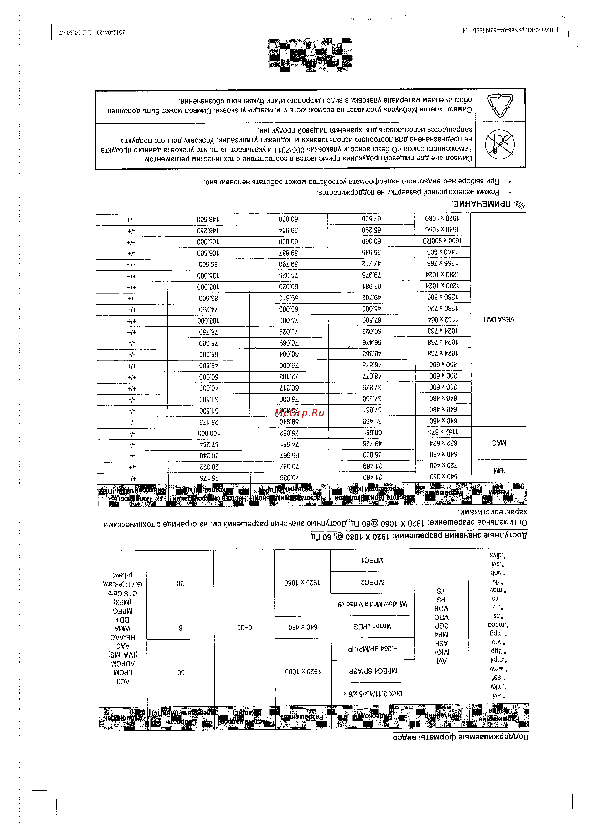 Samsung UE-32 EH6037K [14/15] Оптимальное разрешение 1920 x 1080 60гц доступные значения разрешений см на странице с техническими