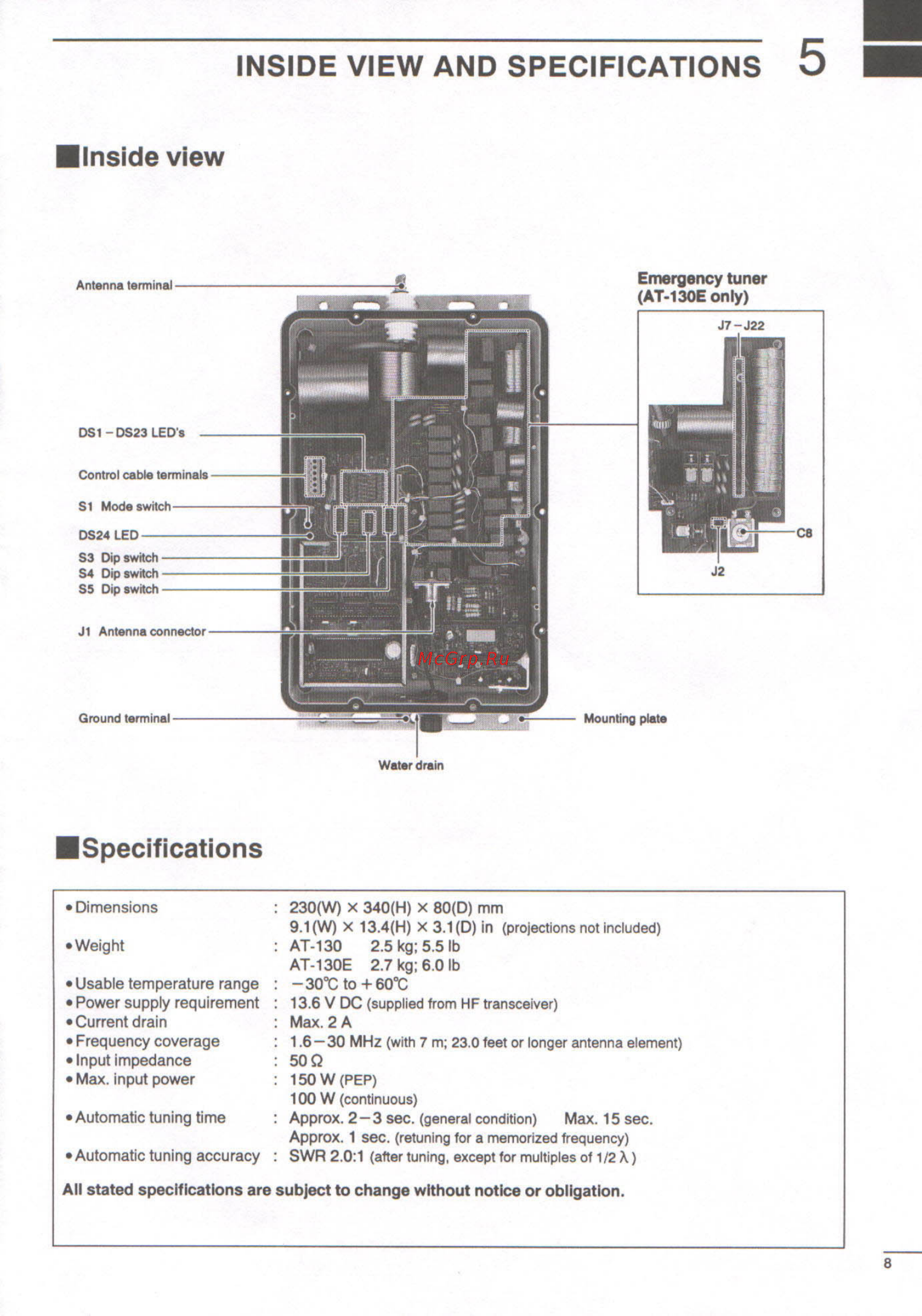 Icom AT-130 [11/12] Inside view and specifications