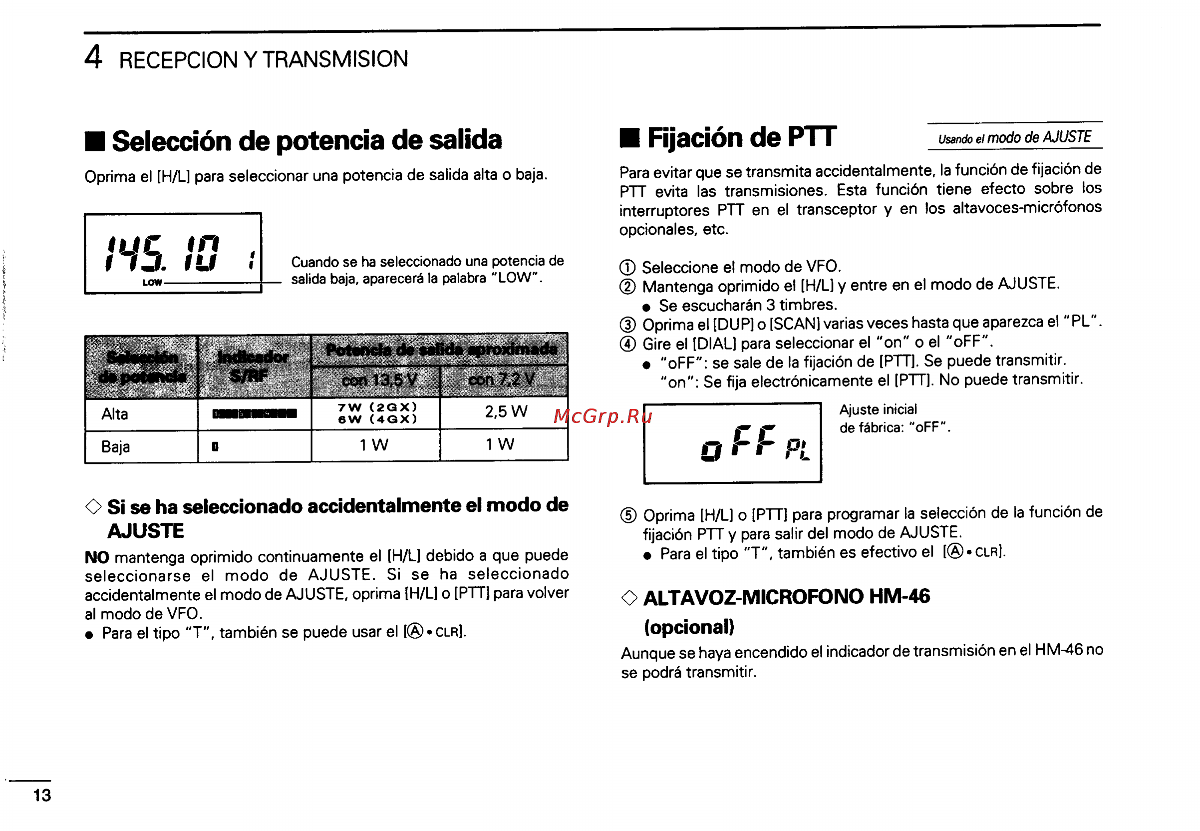 Icom IC-2GXAT [54/78] Fijación de ptt