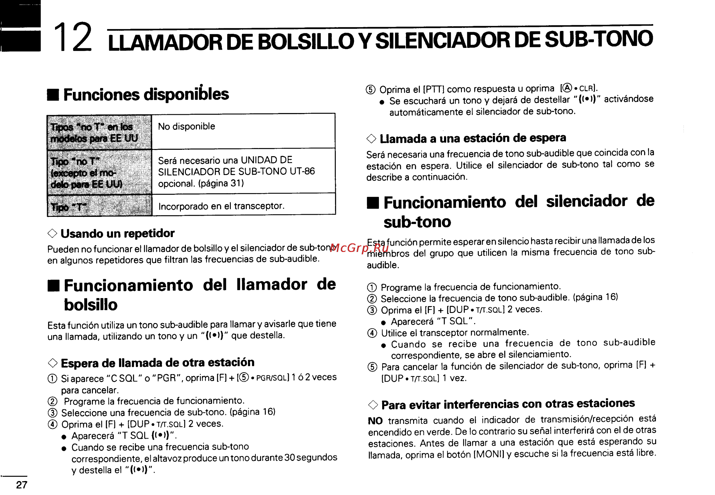 Icom IC-2GXAT [68/78] Llamador de bolsillo y silenciador de sub tono