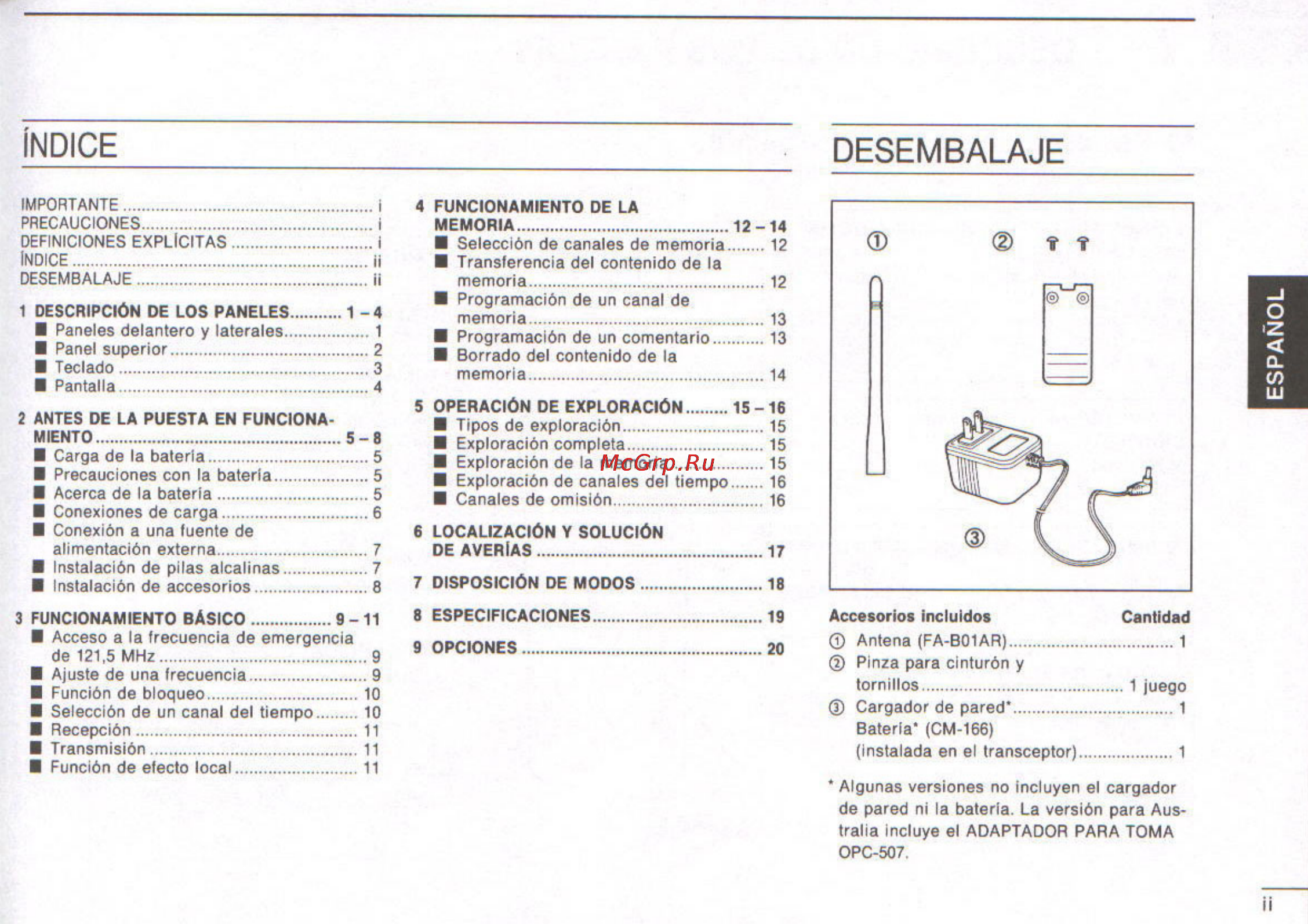 Icom IC-A3 [25/47] Índice desembalaje