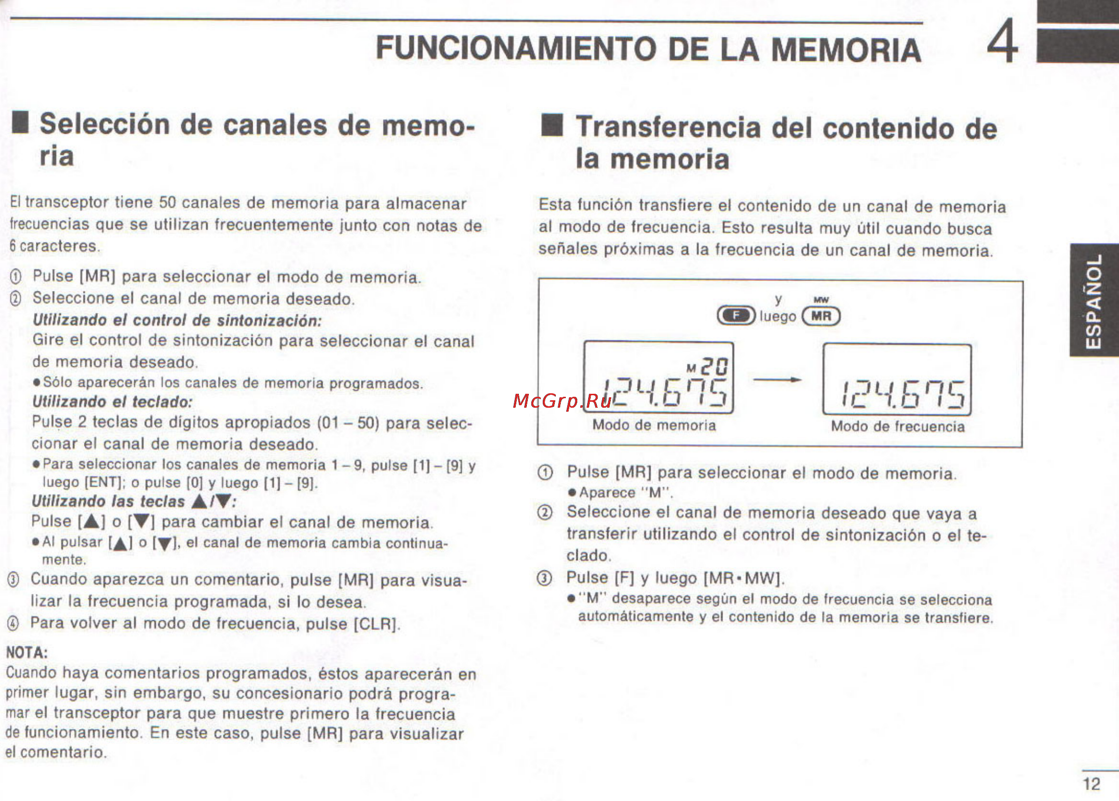 Icom IC-A3 [37/47] Funcionamiento de la memoria 4